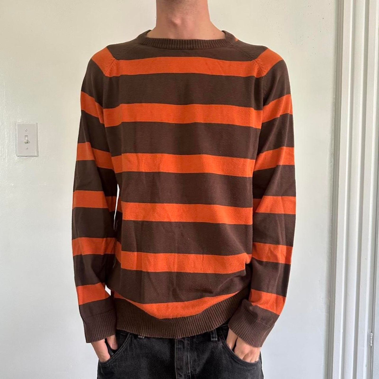 Vintage Vintage Y2K 00s Orange Brown Striped Basic Pullover Sweater Size US L / EU 52-54 / 3 - 1 Thumbnail