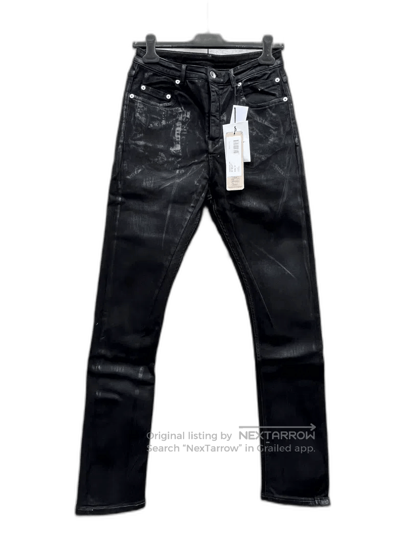 black waxed coated denim jeans by Rick Owens.