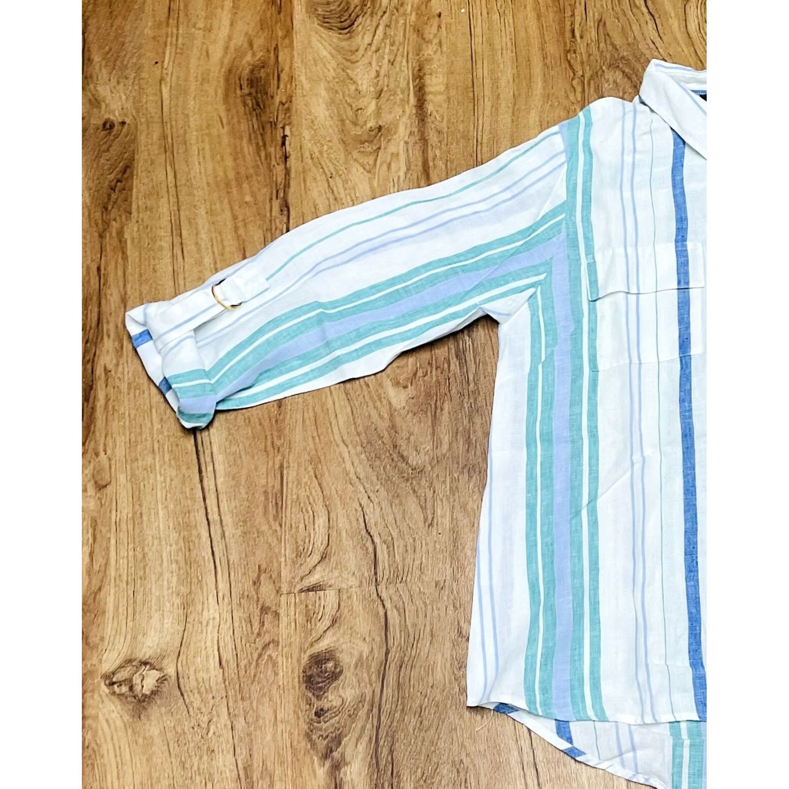 Vintage VINTAGE Ellen Tracy Shirt Womens 3/4 Sleeve Pullover Medium White Blue Green Chambray Buttoned Collar Casual 90s Regular Knit/ Cotton Blend Size M / US 6-8 / IT 42-44 - 4 Thumbnail