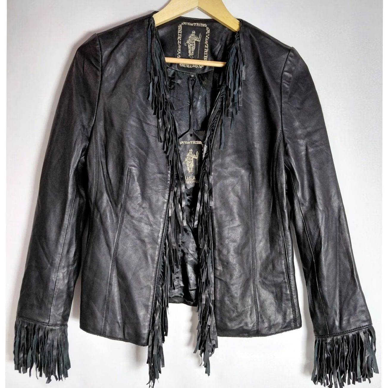Vintage MY TRIBE Leather Fringe Jacket Solid Long Sleeve Women MT9000 M Black, NWT, Casual Party/Cocktail Size M / US 6-8 / IT 42-44 - 2 Thumbnail