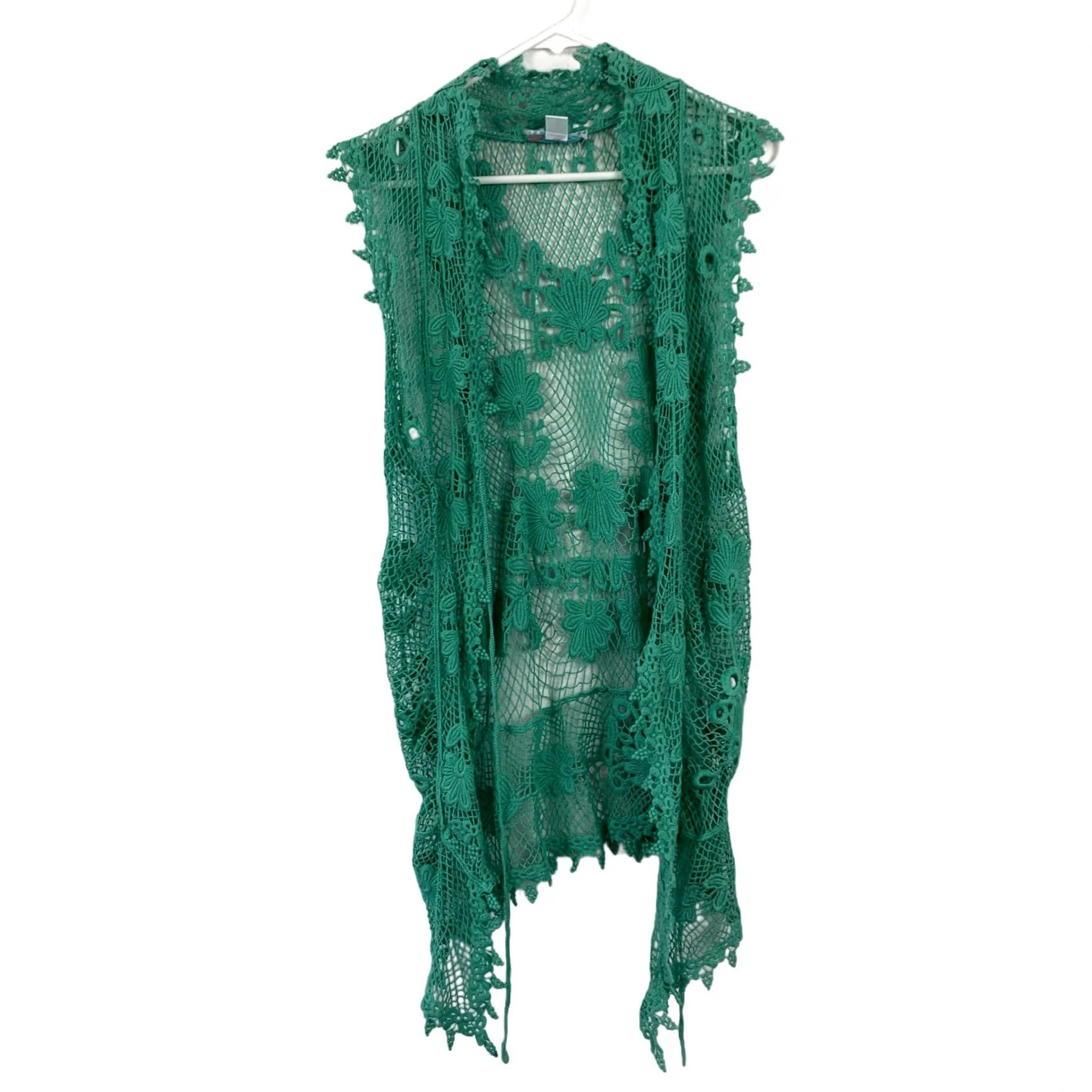 Pinko Pink Cadillac Open Front Vest Crochet Lace Cardigan Boho Women XL Green Casual Beach Festival 100 Cotton Women Bohemian Beach Festival 90s? Size US XL / EU 56 / 4 - 2 Thumbnail