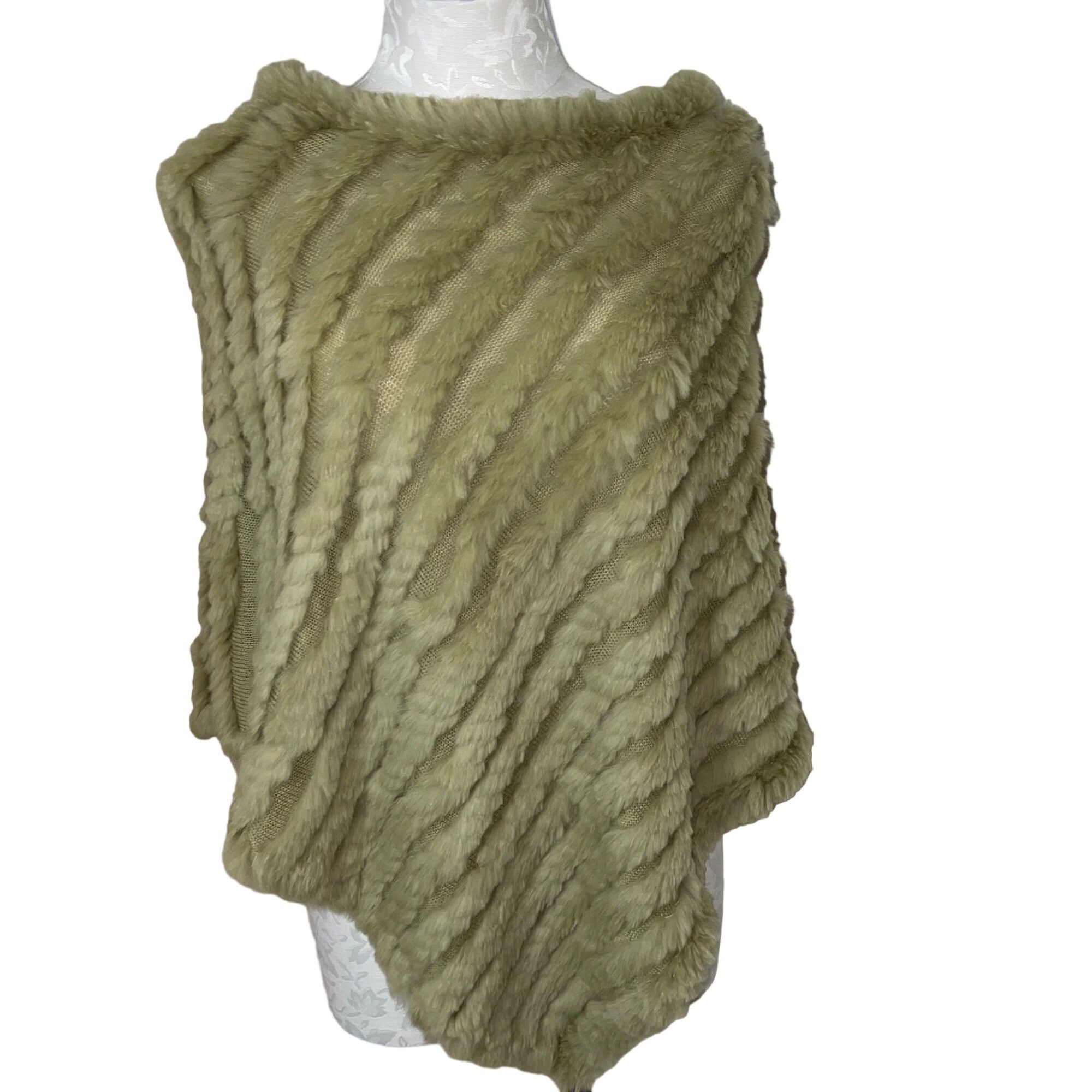 Black Rivet Rabbit Fur Knit Poncho One Size Sage Green