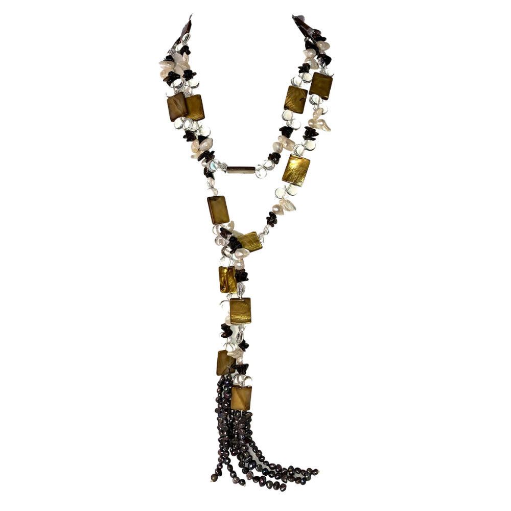 Designer Smoky Quartz Pearl Shell Flapper Tassel Necklace Size ONE SIZE - 1 Thumbnail
