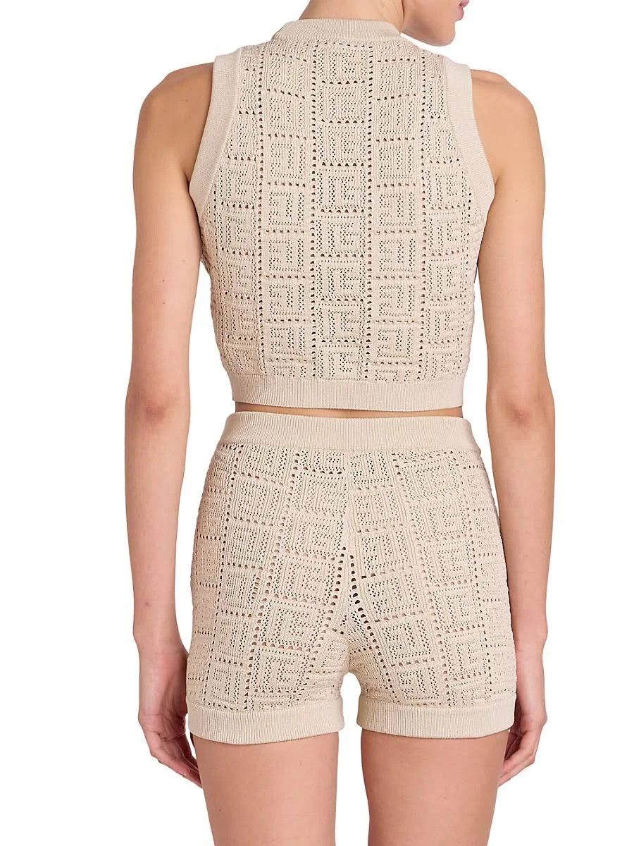 Balmain o1s1rm0624 Monogrammed Openwork Knit Top in Beige Size S / US 4 / IT 40 - 4 Thumbnail