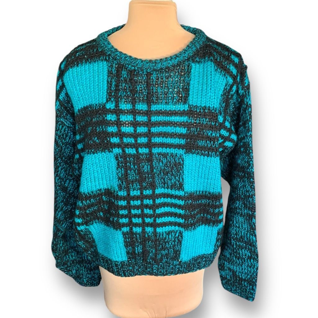 Vintage Vintage Street Scene Teal Black Checkered Plaid Loose Knit Pullover Sweater Size US M / EU 48-50 / 2 - 2 Thumbnail