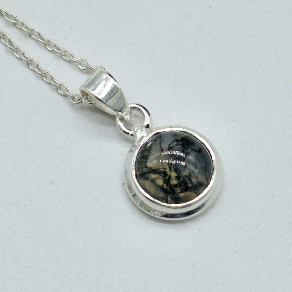 Handmade Moss Agate 925 Sterling Silver Necklace: Meditation Jewelry Size ONE SIZE - 3 Thumbnail