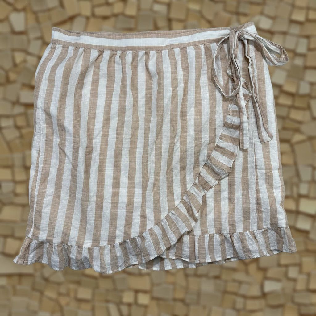 J.Crew J.CREW Skirt Mini 8 Beige White Stripe Cotton Lined Ruffle Tie Preppy Womens Short Pattern: Striped Size 30" / US 8 / IT 44 - 1 Thumbnail