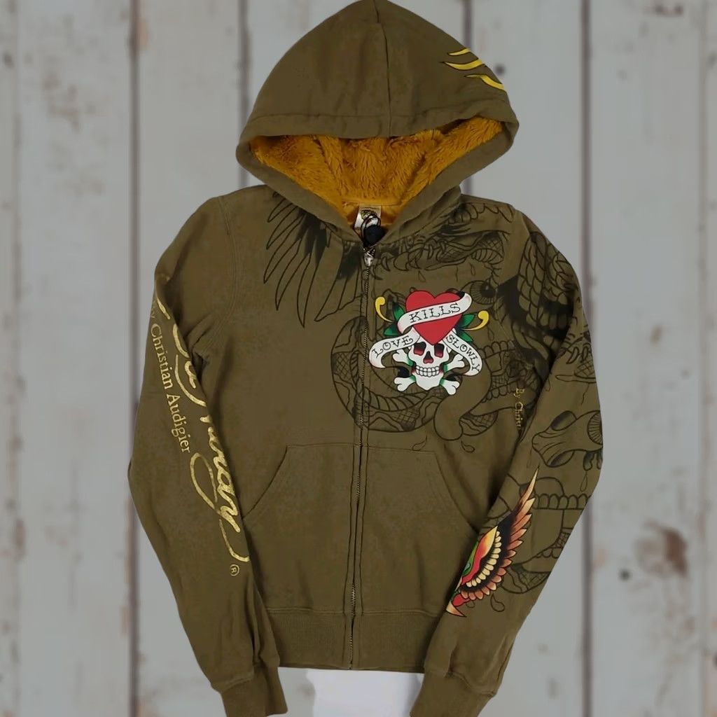 Ed Hardy VINTAGE Ed Hardy Love Kills Lined Zip Hoodie XS Womens Hoodie XS Brown Crew Neck Size XS / US 0-2 / IT 36-38 - 1 Thumbnail