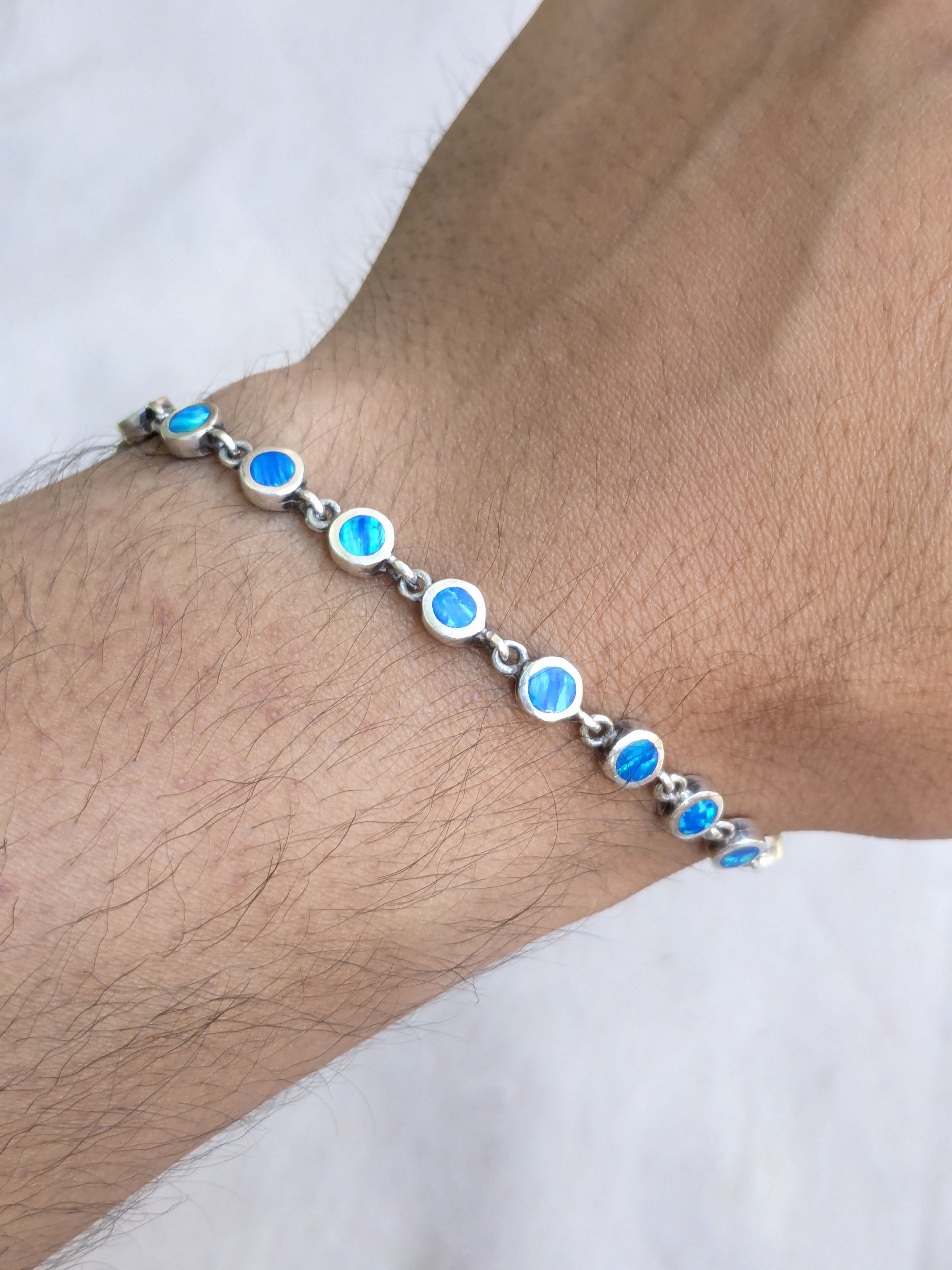 Sterling Silver Sterling Silver Tennis Bracelet Blue Fire Opal 7" Size ONE SIZE - 17 Thumbnail