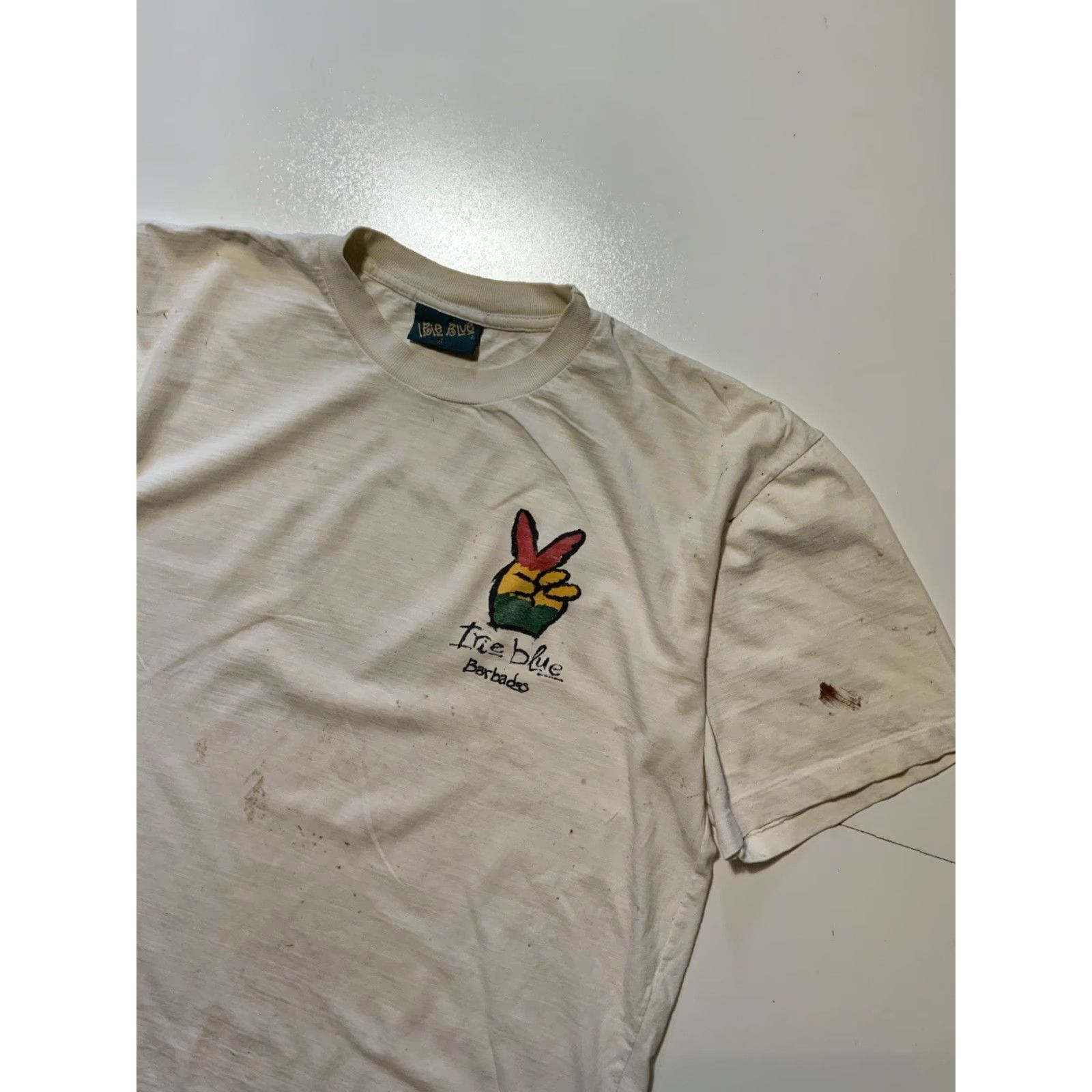 Vintage VINTAGE Irie Blue Barbados One Love Peace Rasta Single Stitch T-Shirt XL White 90s Mens? Womens? (Oops) Size US XL / EU 56 / 4 - 4 Thumbnail
