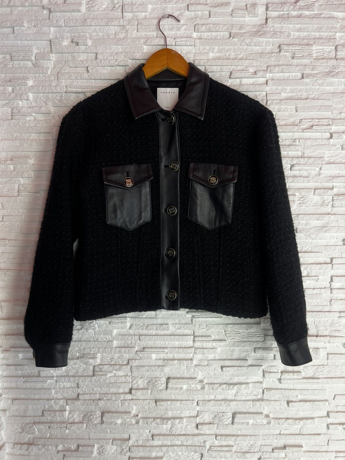 Sandro Sandro Tweed Jacket with Leather Details Size S / US 4 / IT 40 - 3 Thumbnail