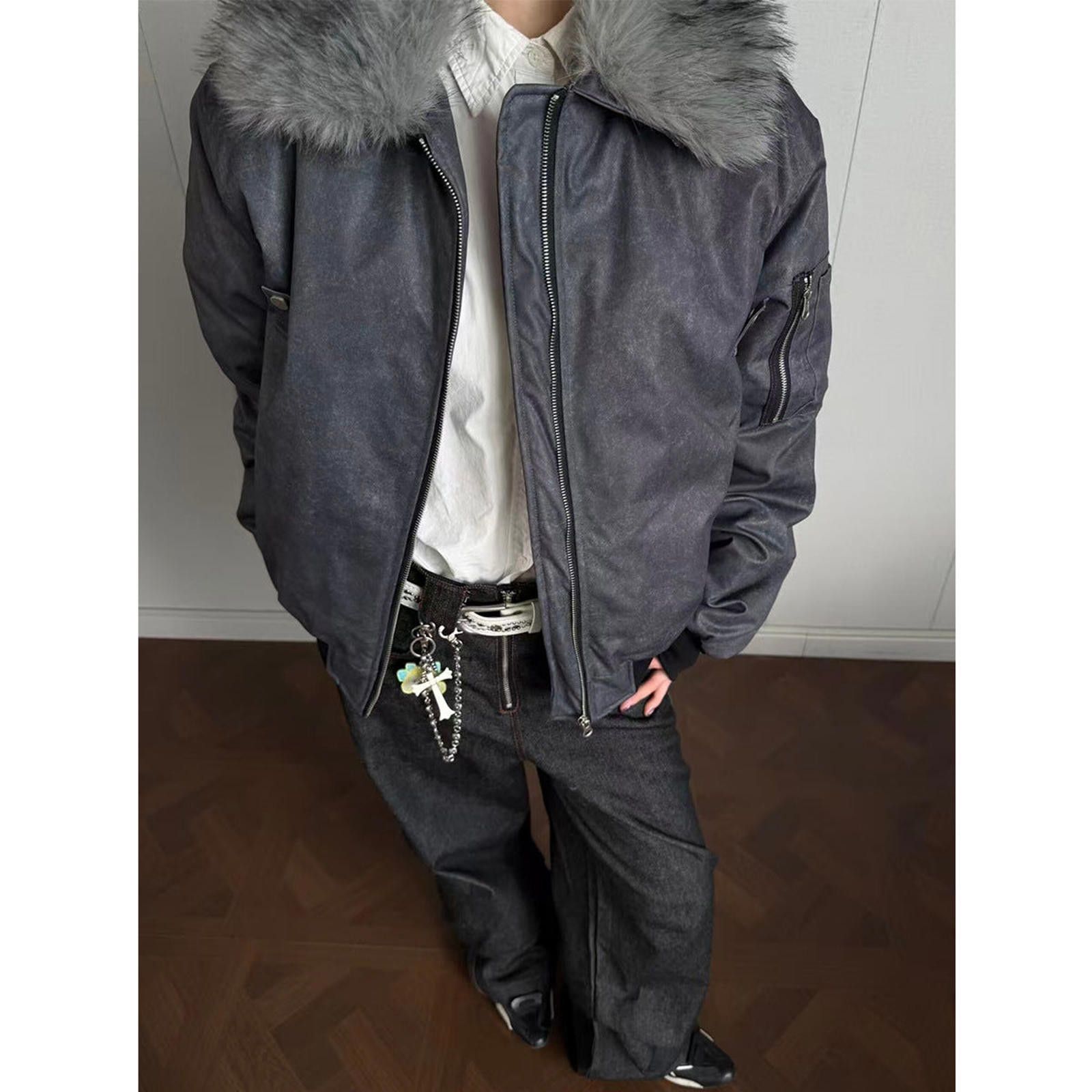 Japanese Brand Gray Faux Fur Collar Bomber Jacket, Men's Outerwear Size US L / EU 52-54 / 3 - 2 Thumbnail