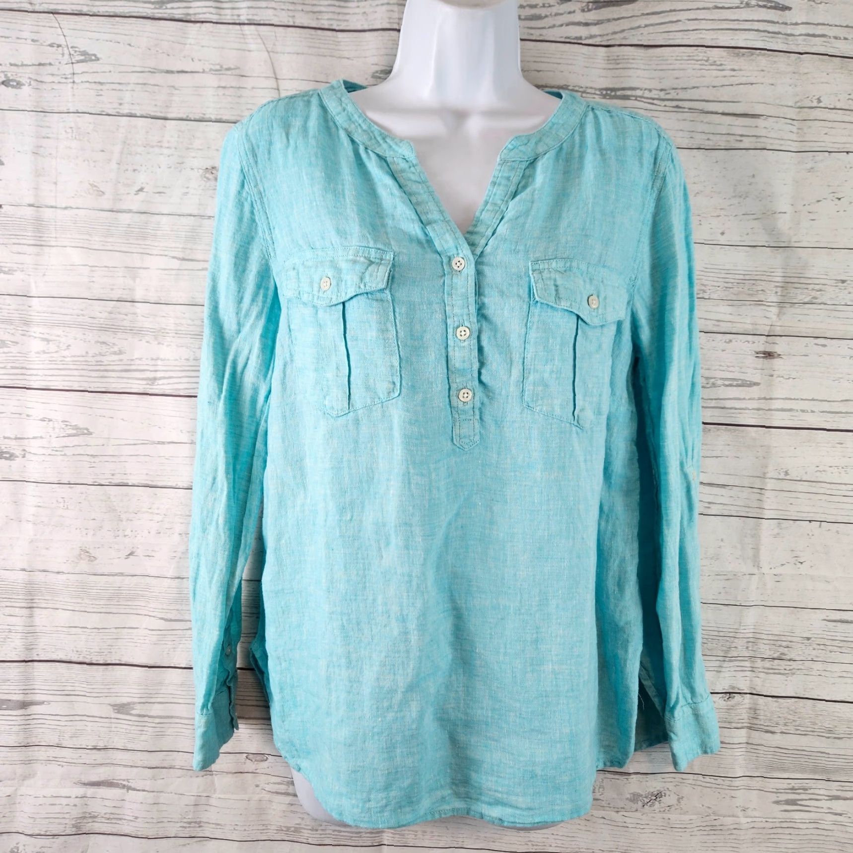 Talbots Talbots Womens Linen Popover Top Shirt Petite Large Aqua Long Sleeve]] Size L / US 10 / IT 46 - 2 Thumbnail