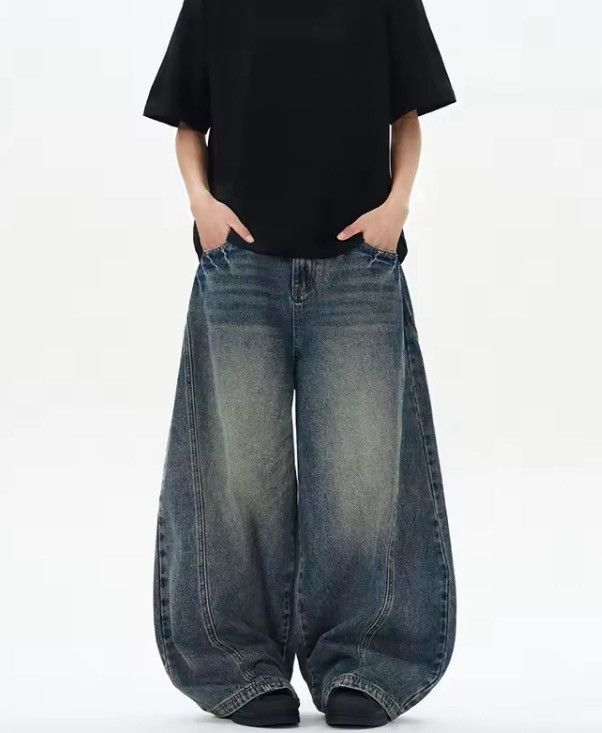 Jean Blue Washed Wide Leg Denim Jeans, Oversized Jeans Size US 27 - 6 Thumbnail