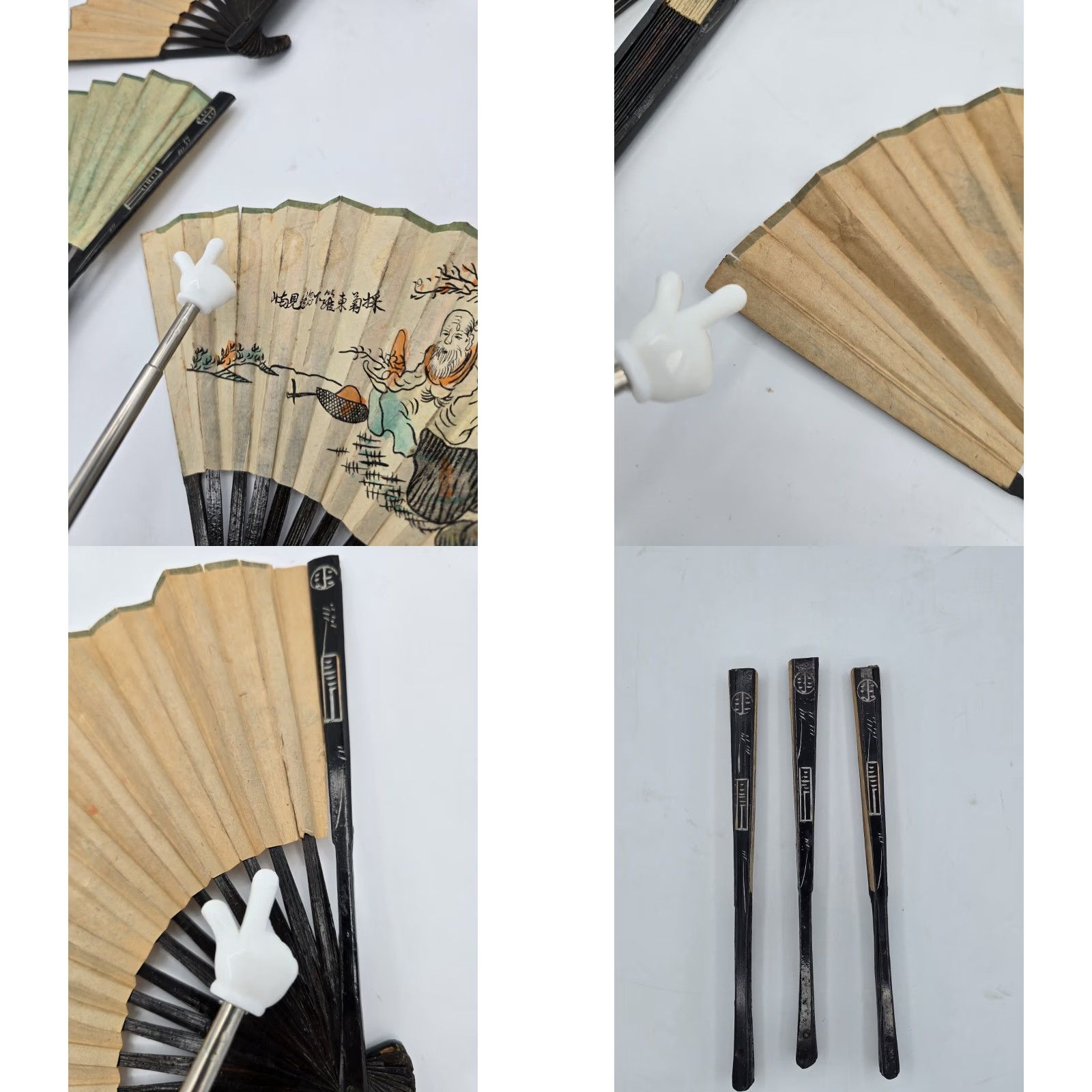 Vintage VTG 3 Lot Matching Chinese Folding Hand Fans Handmade Painted Rice/Bamboo Paper Fans Size ONE SIZE - 8 Thumbnail