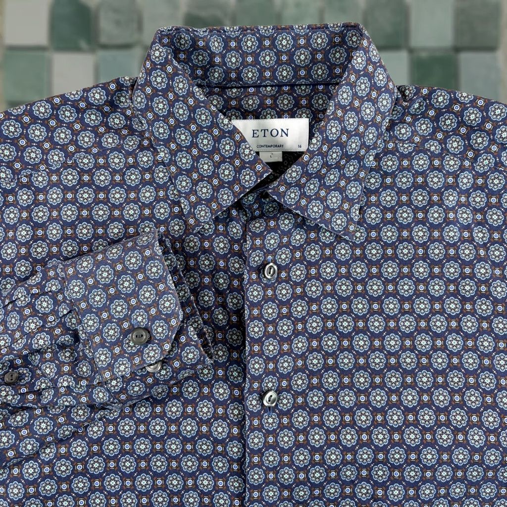 Eton ETON Dress Shirts Contemporary Men Large 41 16 Blue Floral Geometric Slim Fit Twill Shirt Size 42R - 1 Thumbnail