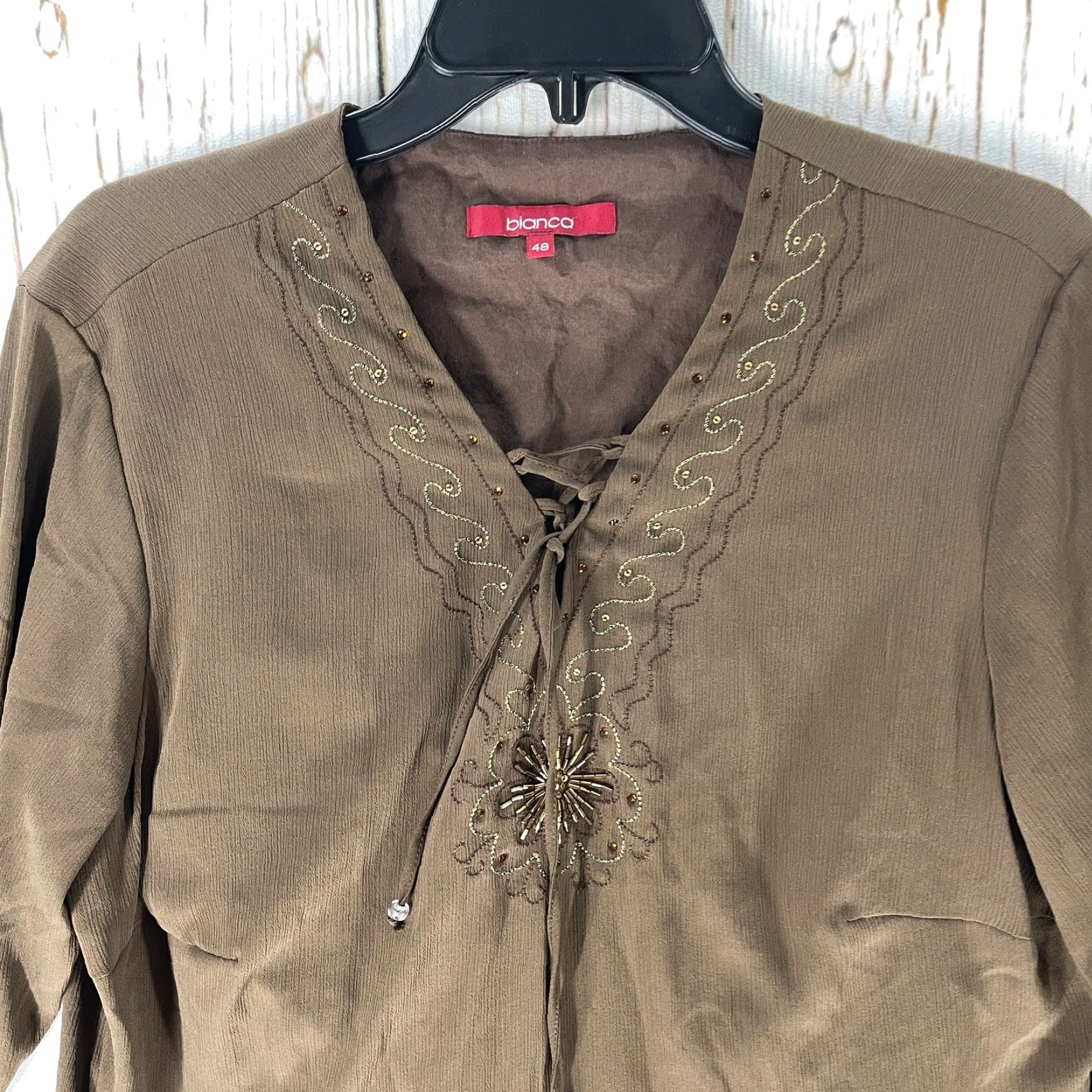 Vintage Bianca Blouse Tunic Women Brown Long Sleeve V-Neck Bohemian 18 Plus Size XXL / US 16-18 / IT 52-54 - 4 Thumbnail