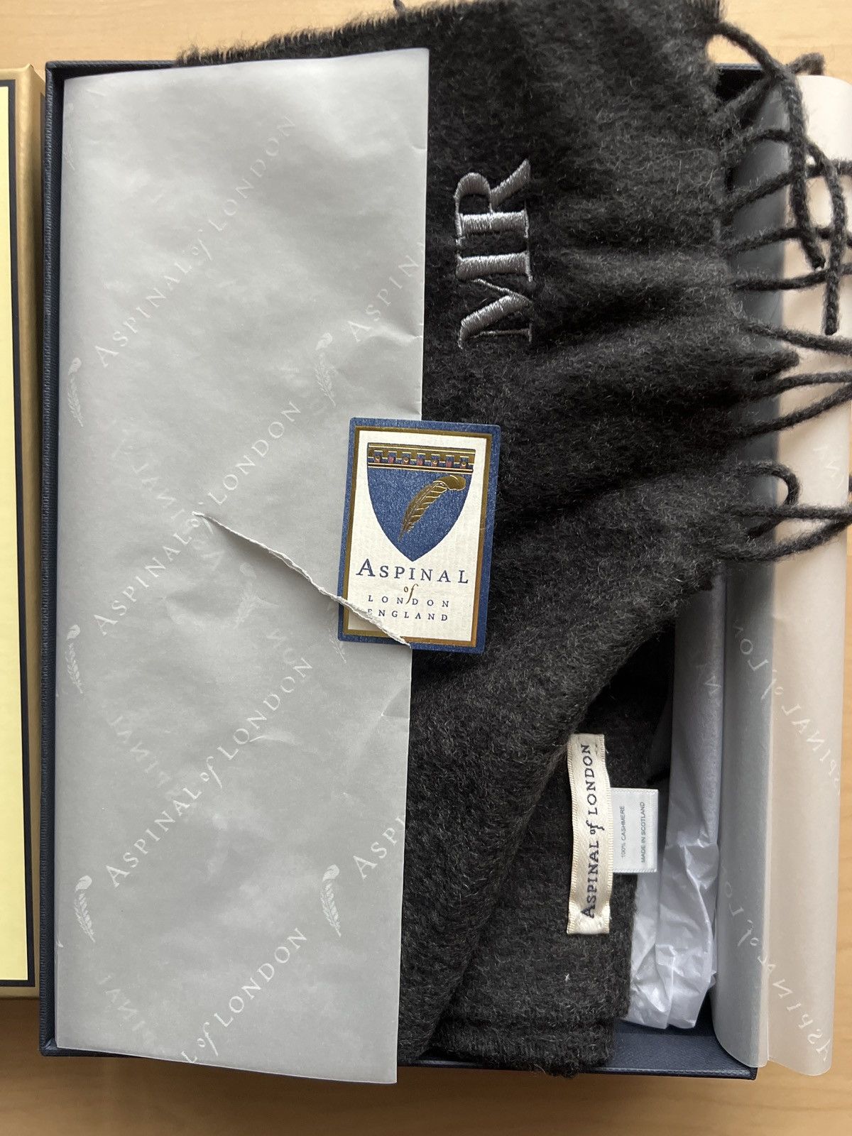 Aspinal of London Dark Grey Cashmere Scarf - “MR” embroidery Size ONE SIZE - 2 Thumbnail