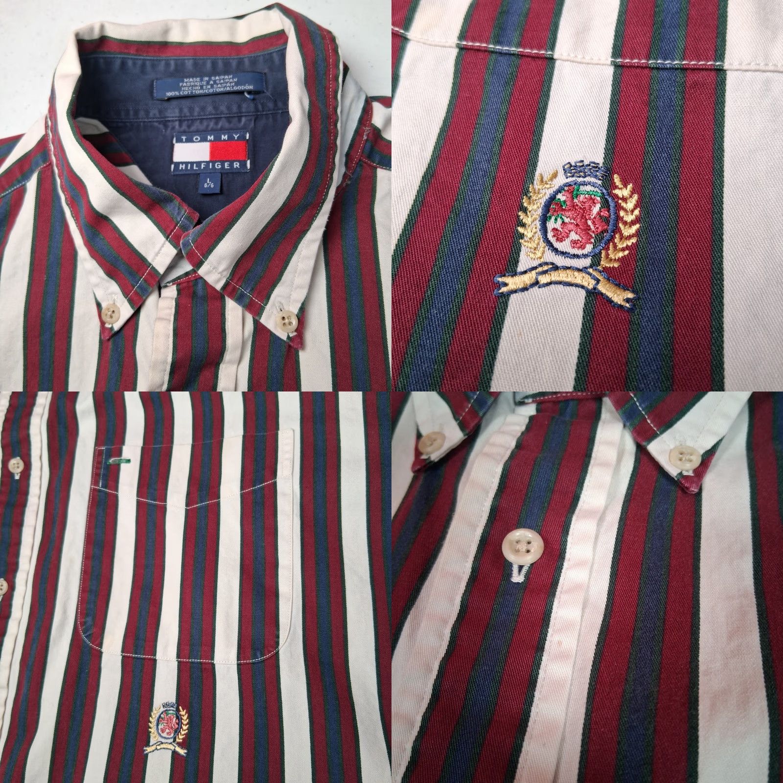 Tommy Hilfiger VINTAGE Tommy Hilfiger Shirt Men L Maroon Navy Stripe Crest Button-Up Collared 1990s Retro Blue Cotton Size US L / EU 52-54 / 3 - 8 Thumbnail