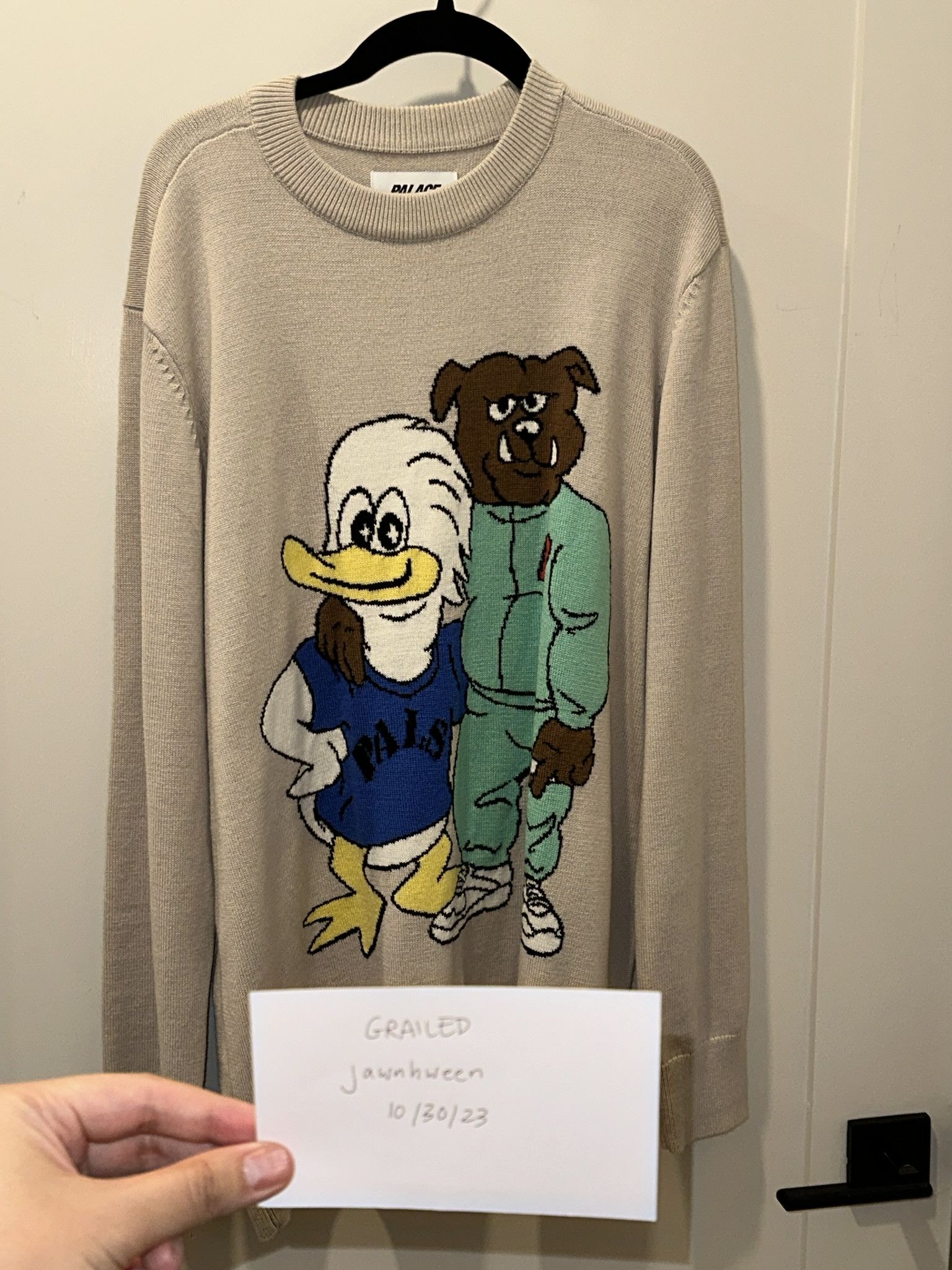 Palace Palace Dog and Duck Knit Sweater Cream | Grailed