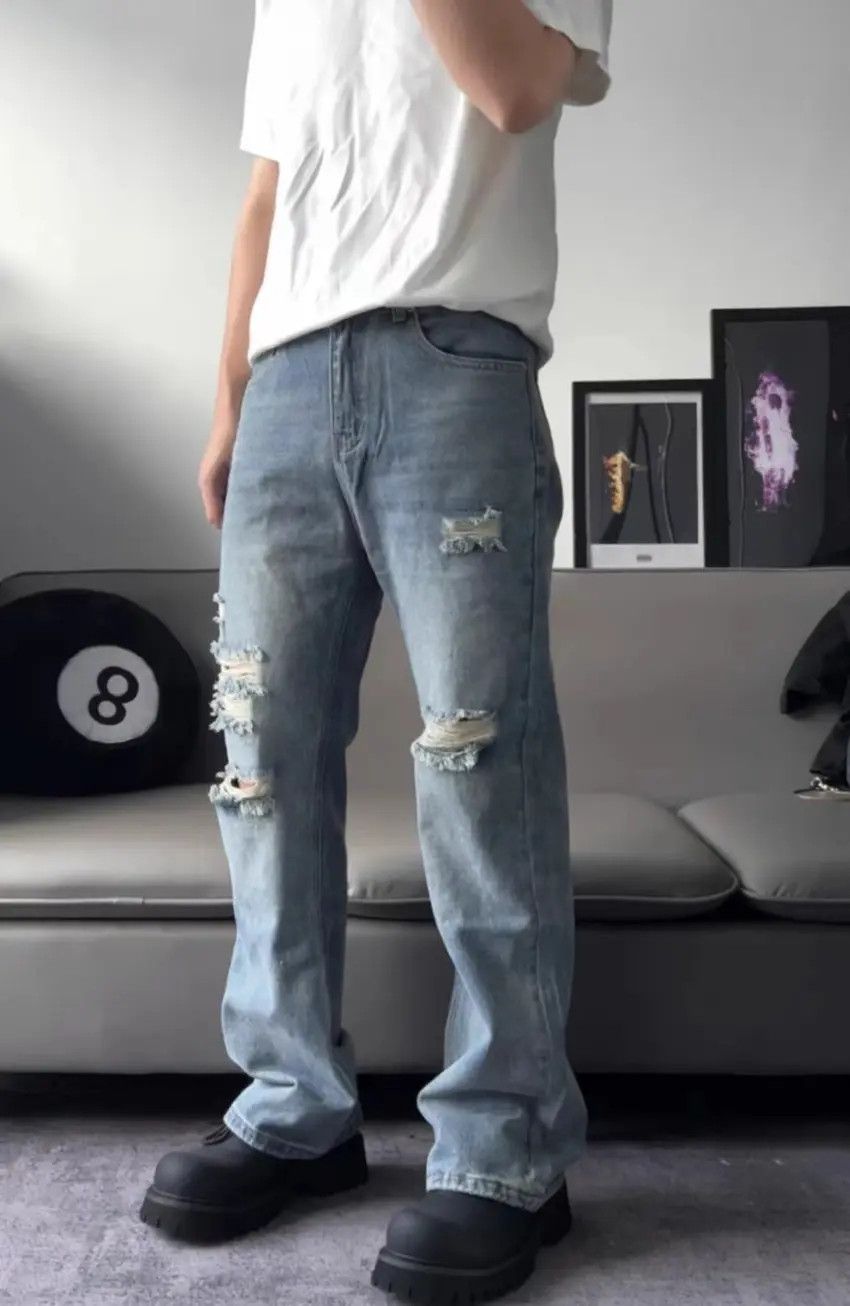 Designer × Japanese Brand Street wash ripped straight wide leg jeans Size US 34 / EU 50 - 3 Thumbnail