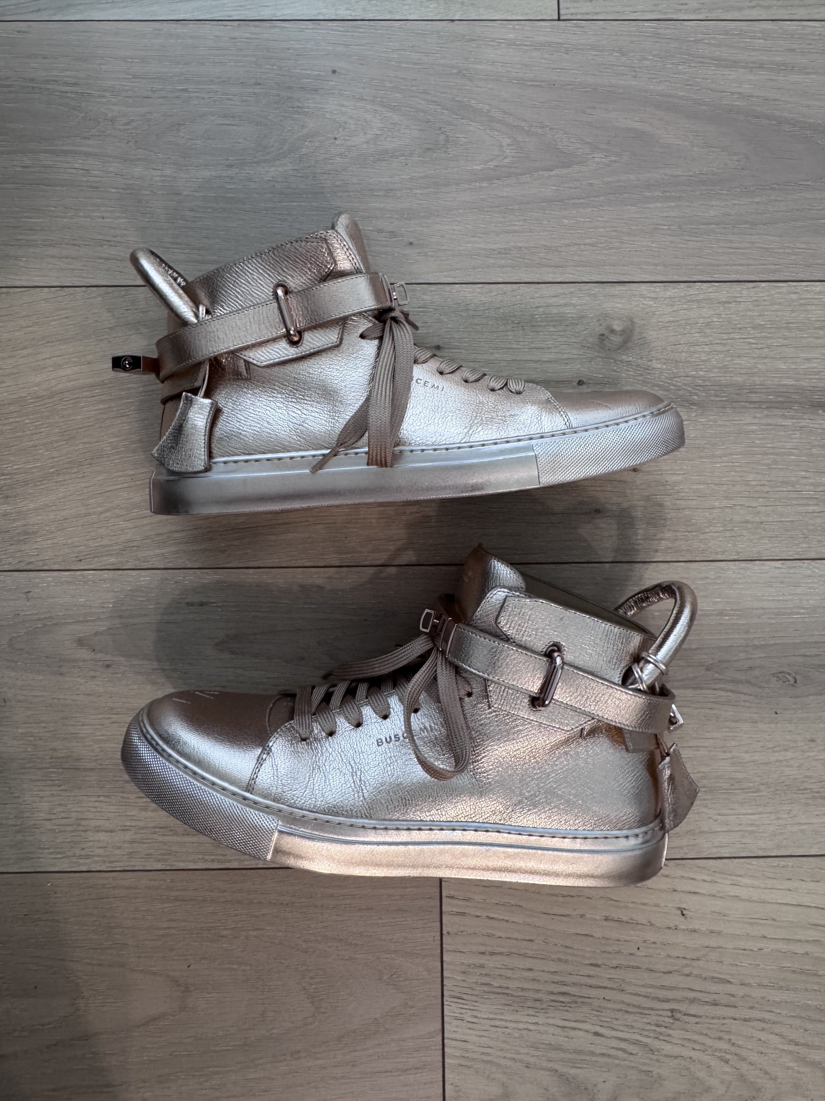 Buscemi Buscemi 100MM Metallic Rose Gold High Top Sneakers Size 12 Size US 12 / EU 45 - 1 Thumbnail