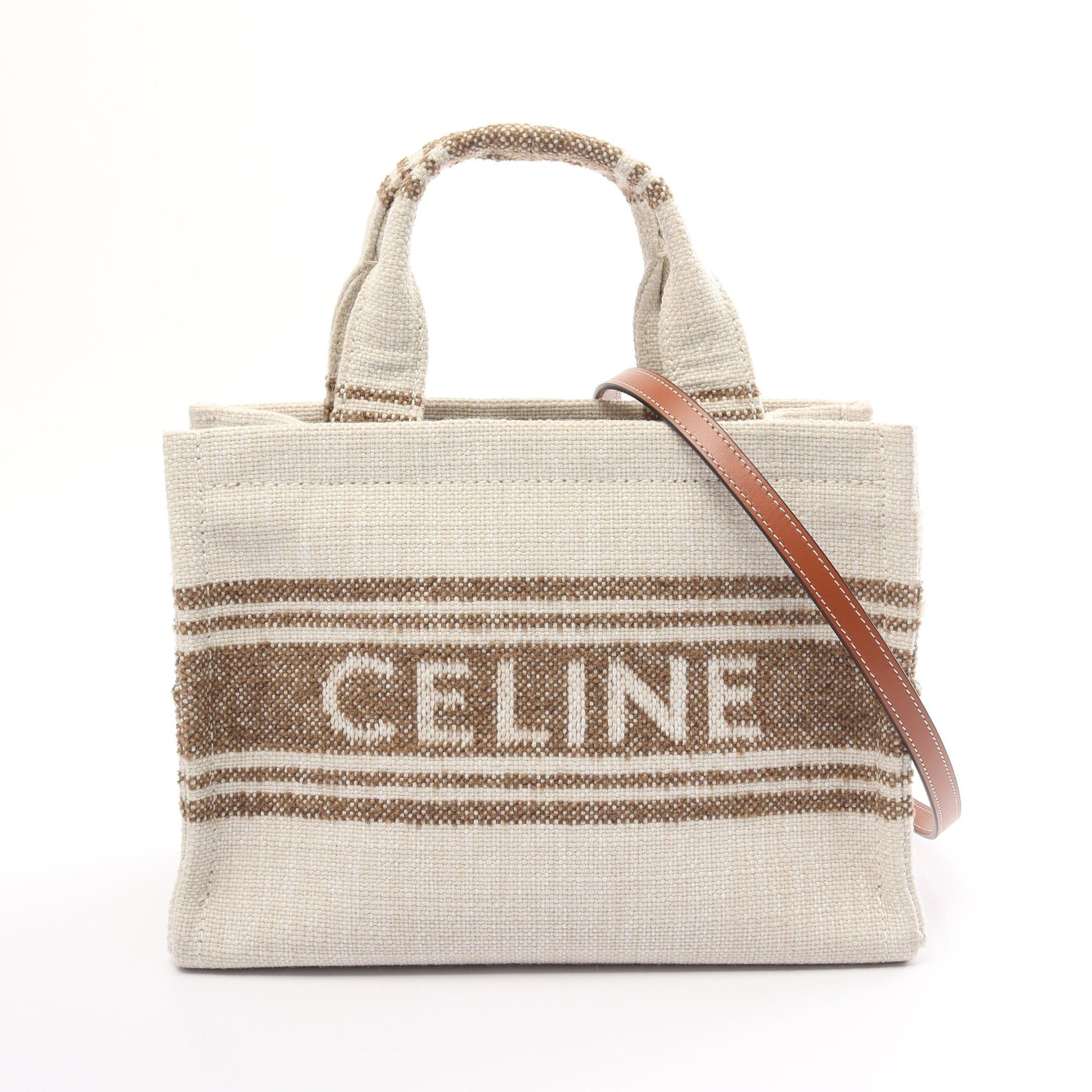 image of Celine Small Cabas Small Hippopotamus Thais Handbag Fabric Off White Beige 2Way, Women's
