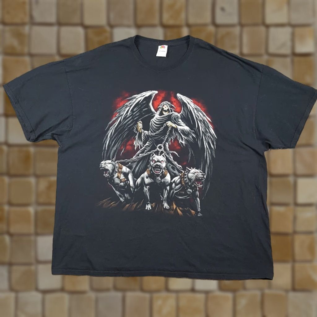 Fruit Of The Loom VINTAGE Fruit of the Loom Men's T-Shirt 3XL Black Skull Y2K Grunge Reaper Gothic Retro Short Sleeve Cotton Size US XXL / EU 58 / 5 - 1 Thumbnail