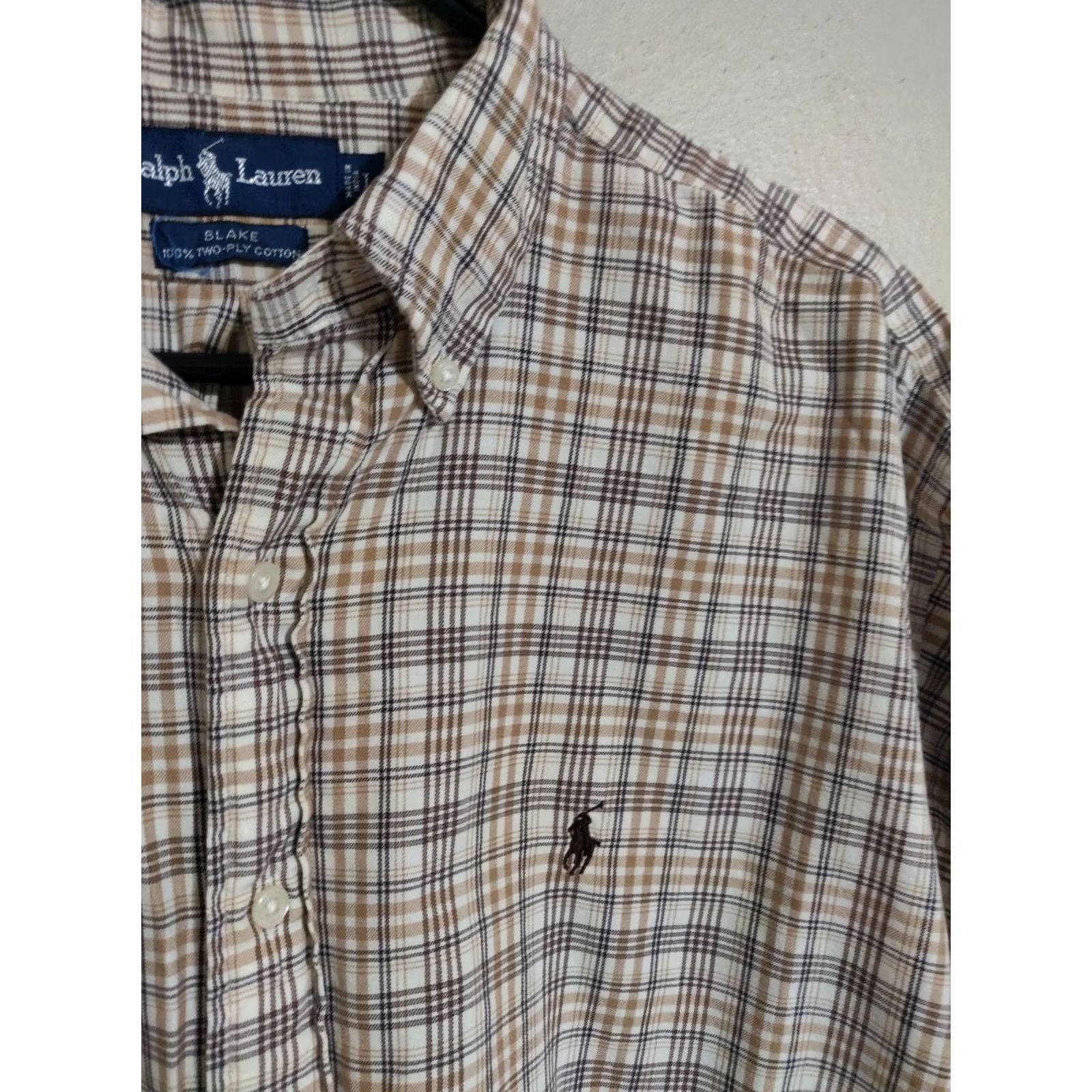 Polo Ralph Lauren VINTAGE Polo Ralph Lauren Blake Two-Ply Tan Plaid L/S Button-Down Dress Shirt Mens L Shirt Brown Plaid Logo 100% Cotton Casual Button-Up Sleeve Long Size 42R - 2 Thumbnail