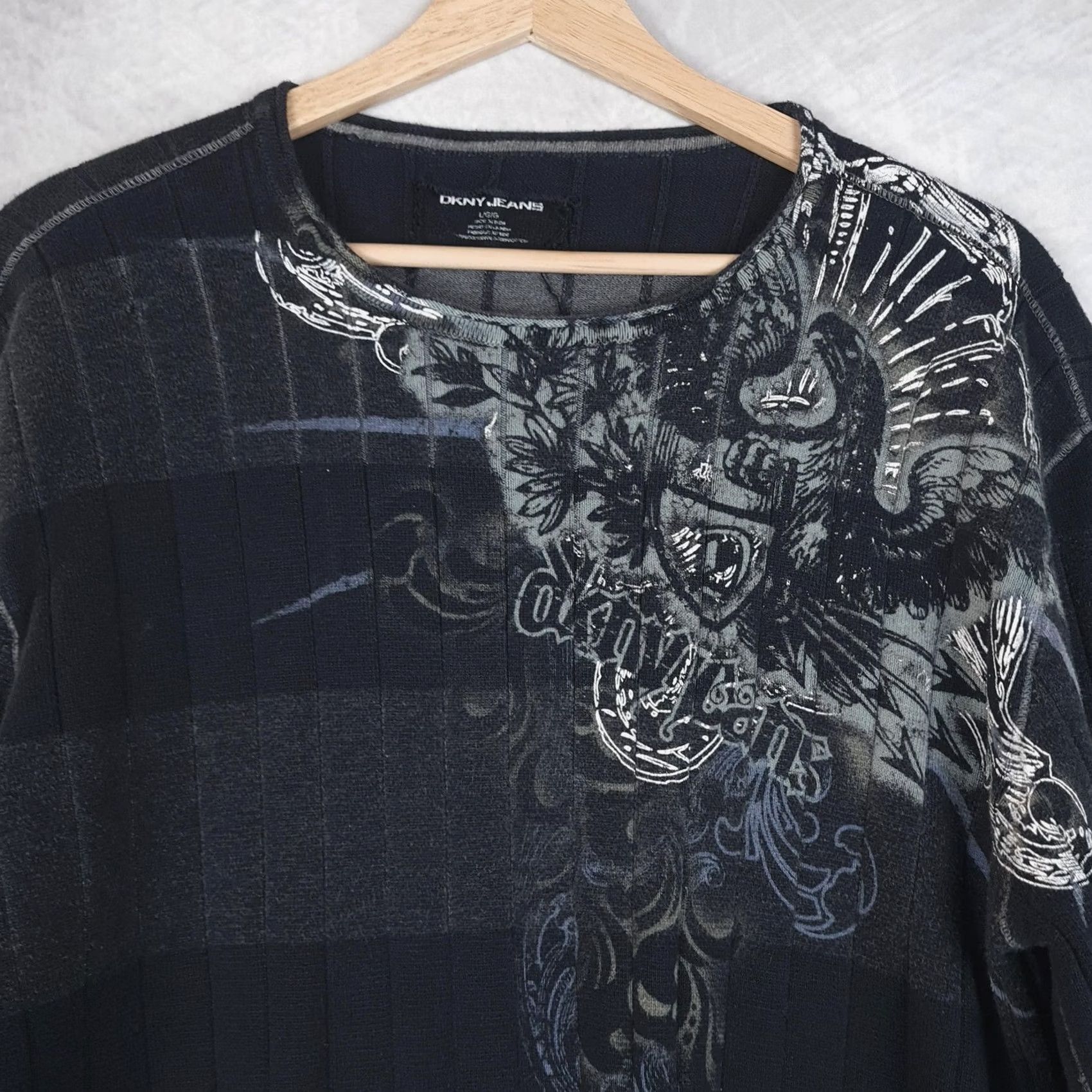 DKNY DKNY Jeans Sweater Mens Large Striped Graphic Eagle Crewneck Affliction Style Size US L / EU 52-54 / 3 - 2 Thumbnail