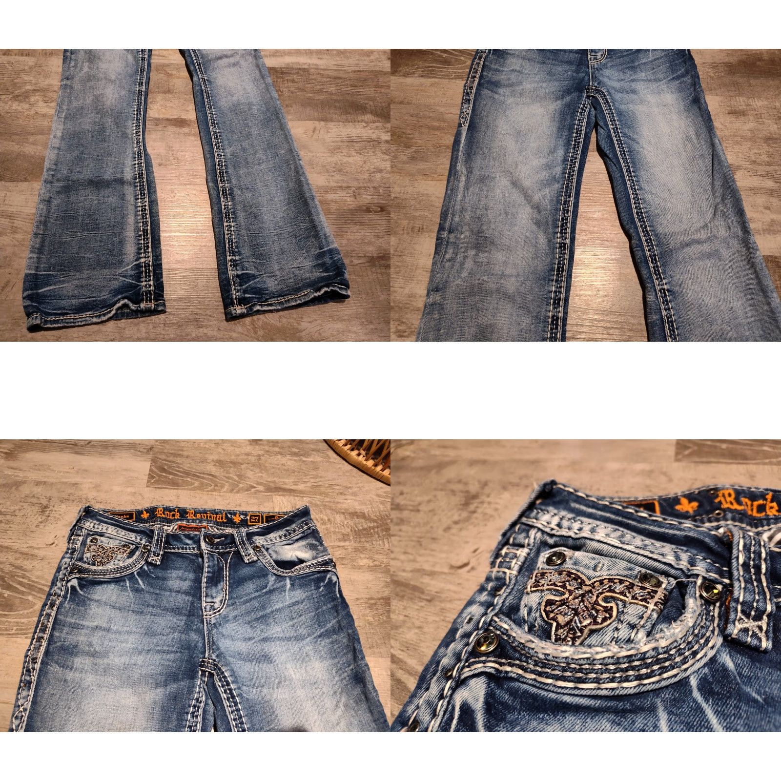 Vintage VINTAGE Rock Revival Women's Denim Jeans Bootcut Distressed Embellished 27x32 Cotton Spandex Size 27" / US 4 / IT 40 - 8 Thumbnail