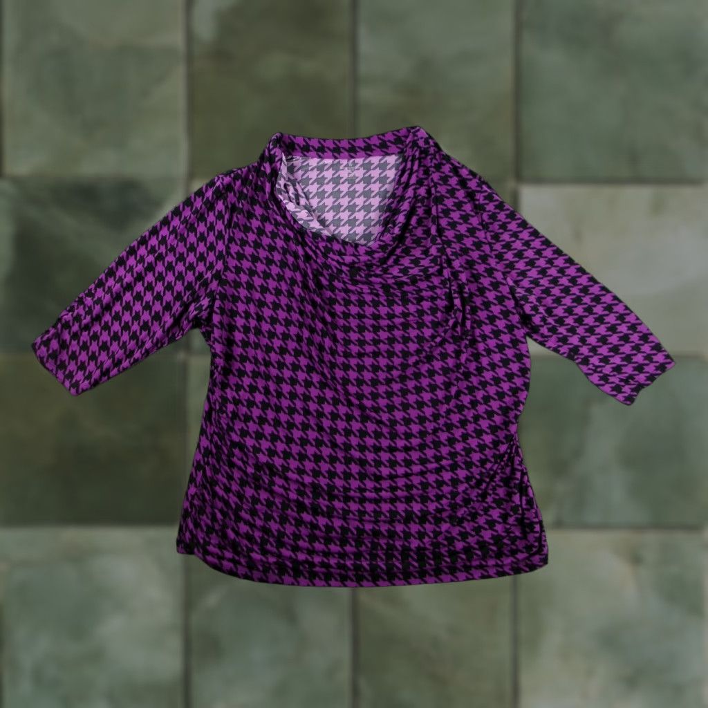 Worthington Worthington Womens Blouse 2XL Purple Houndstooth Cowl Neck 3/4 Sleeve Stretch Office Regular Womens Size XXL / US 16-18 / IT 52-54 - 1 Thumbnail