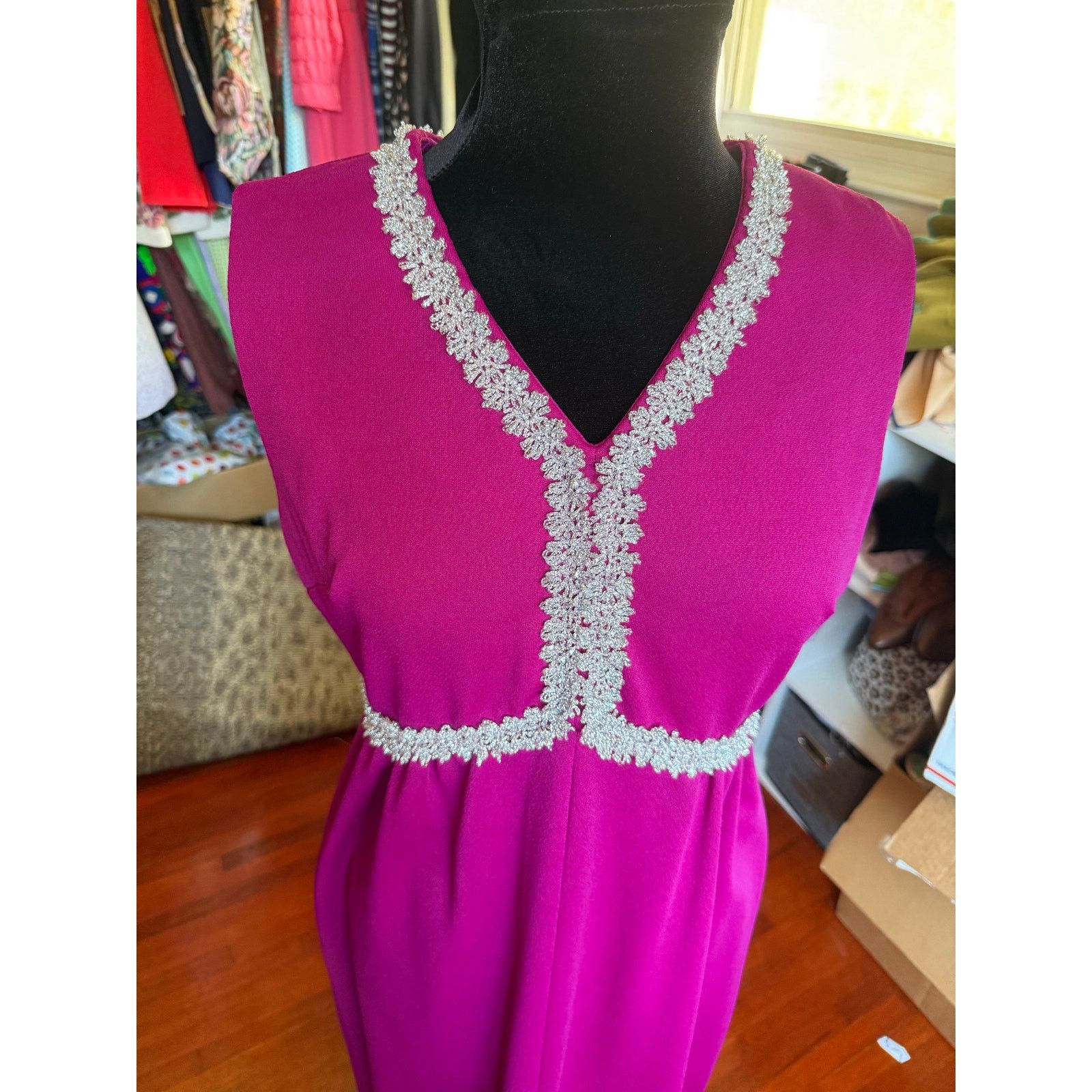 Vintage Vintage 70’s Magenta Pink Maxi Silver Sequin Dress Small Med Size M / US 6-8 / IT 42-44 - 5 Thumbnail