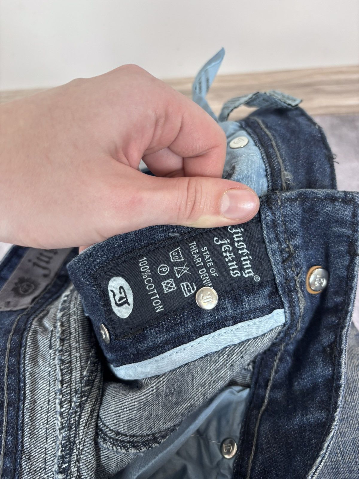 Japanese Brand Vintage Justing Y2K Dark Blue Faded Wash Denim Jeans Size US 32 / EU 48 - 15 Thumbnail
