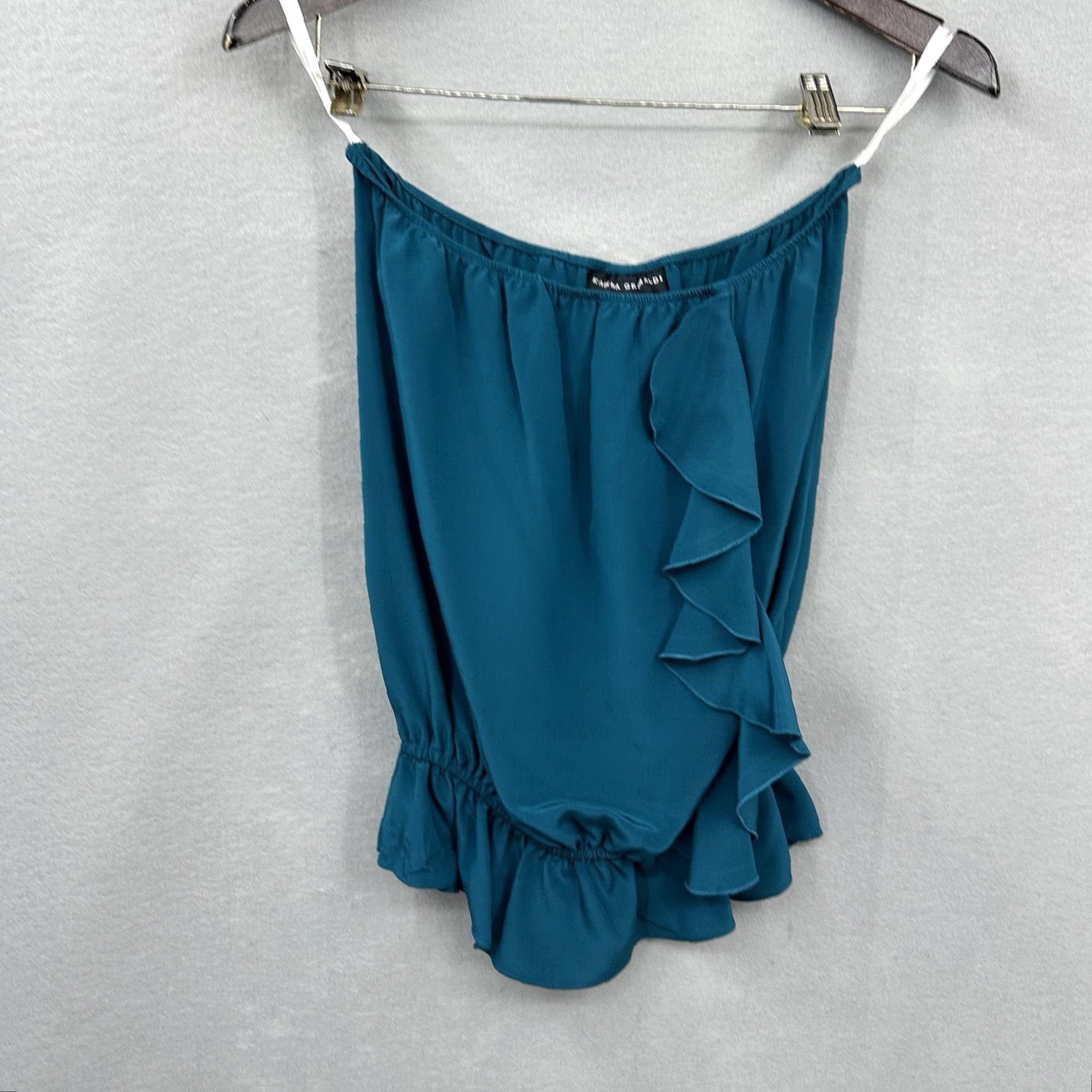 Karina Grimaldi KARINA GRIMALDI Blouse Womens M Silk Strapless Square Neck Ruffle 90s Quiet Luxury Peplum Green Vintage No Size M / US 6-8 / IT 42-44 - 3 Thumbnail