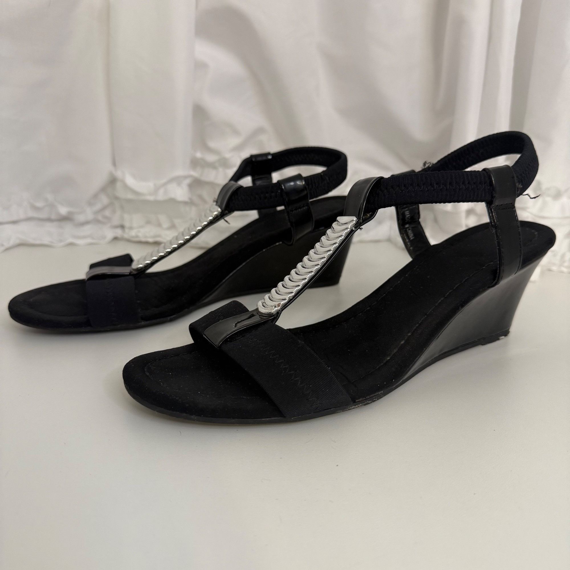 Other Laura Scott Black Wedge Sandals With Silver Accent & Elastic Size US 9 / IT 39 - 4 Thumbnail