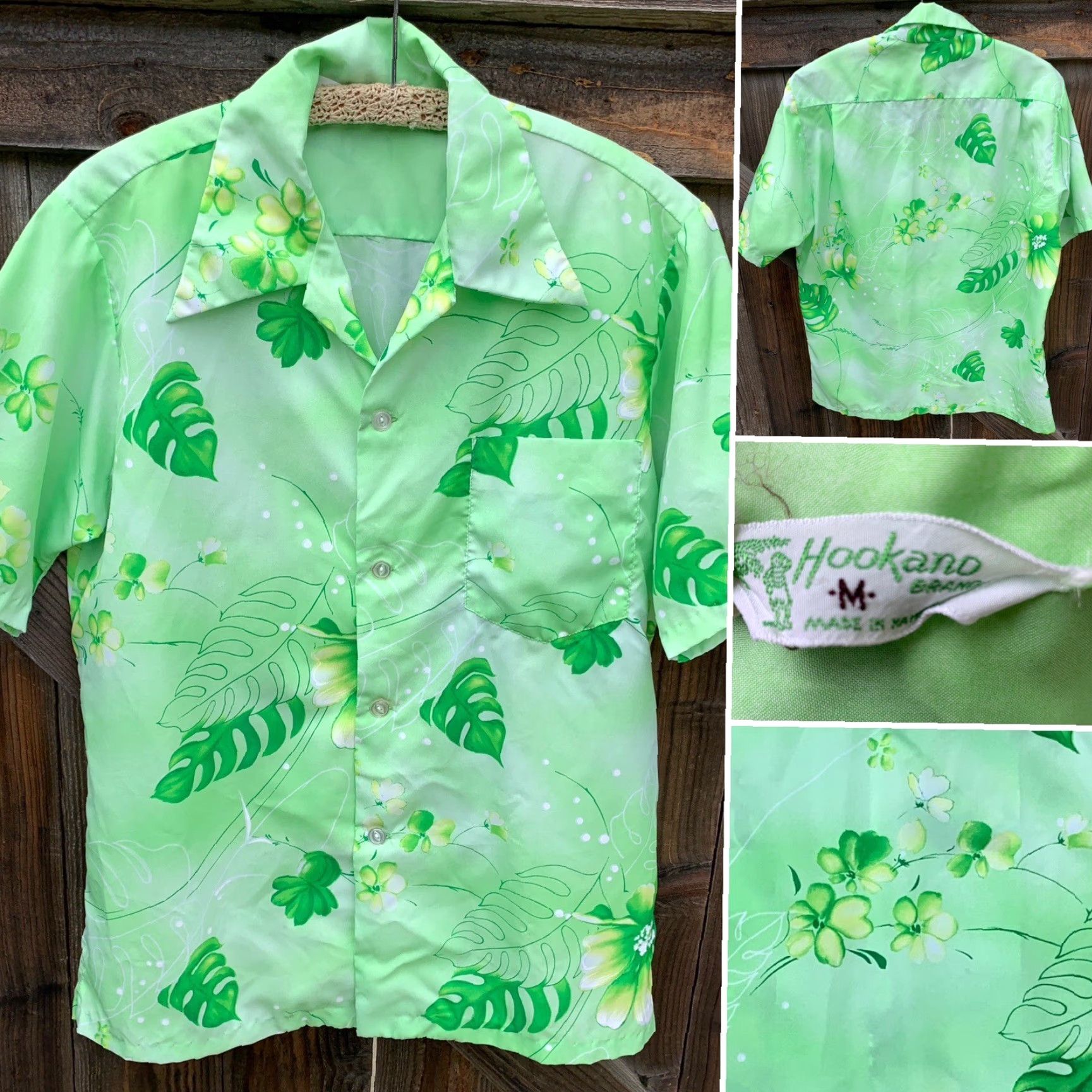 J Brand VINTAGE Hookano Hawaiian Shirt Men M Green Floral Short Sleeve Button-Up 100% Polyester Tiki Aloha Size US M / EU 48-50 / 2 - 2 Thumbnail