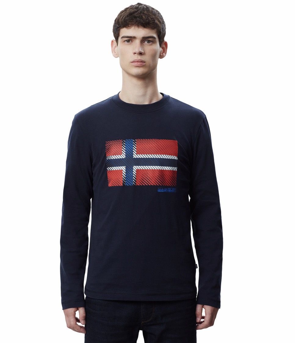 Napapijri Napapijri Mens Blue Long Sleeve T-Shirt Center Graphic Print Size US XL / EU 56 / 4 - 1 Thumbnail