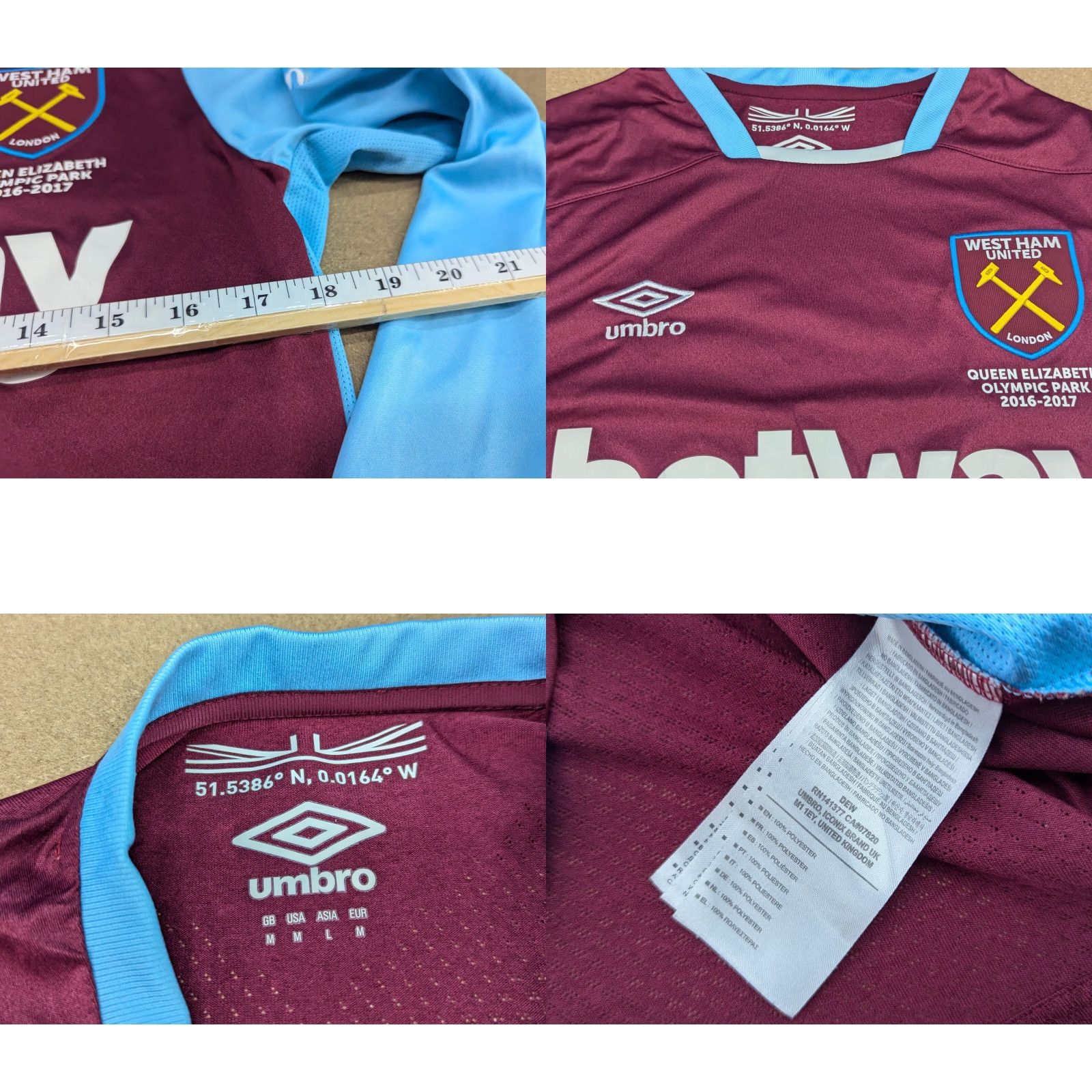 Umbro Umbro West Ham United 2016-2017 Home Jersey Mens Size M Football Adult T-Shirt Regular Polyester Multicolor Long Sleeve Quick Dry Sports Jersey Mens Size US M / EU 48-50 / 2 - 8 Thumbnail