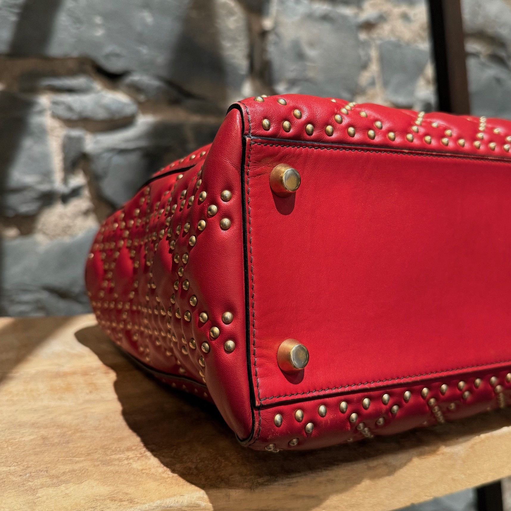 Dior Christian Dior Red Leather Gold Studded Medium Lady Dior Bag Size ONE SIZE - 22 Thumbnail