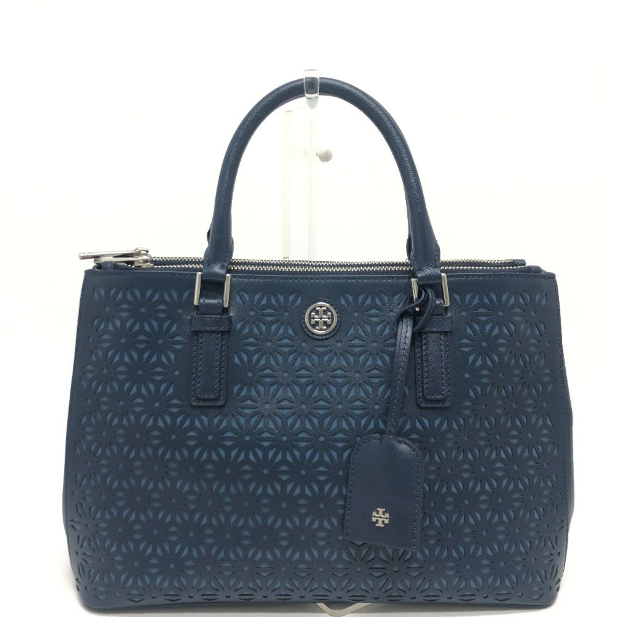 Tory Burch Perforated Flower Double Zipper Handbag Tote Bag Leather Women's Blue