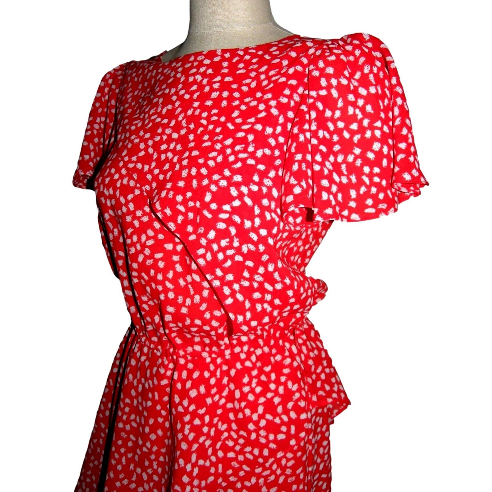 Vintage 90's Red & White Small Print Dress with Flounce | Small Size S / US 4 / IT 40 - 4 Thumbnail