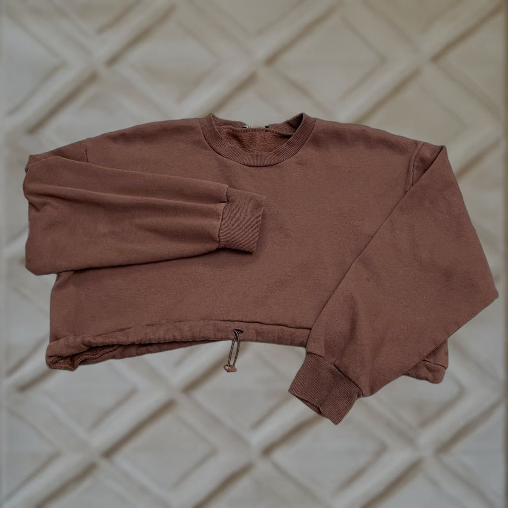 Zara Zara Cropped Drawstring Pullover Sweatshirt Womens Large Brown Fleece Casual Size L / US 10 / IT 46 - 1 Thumbnail