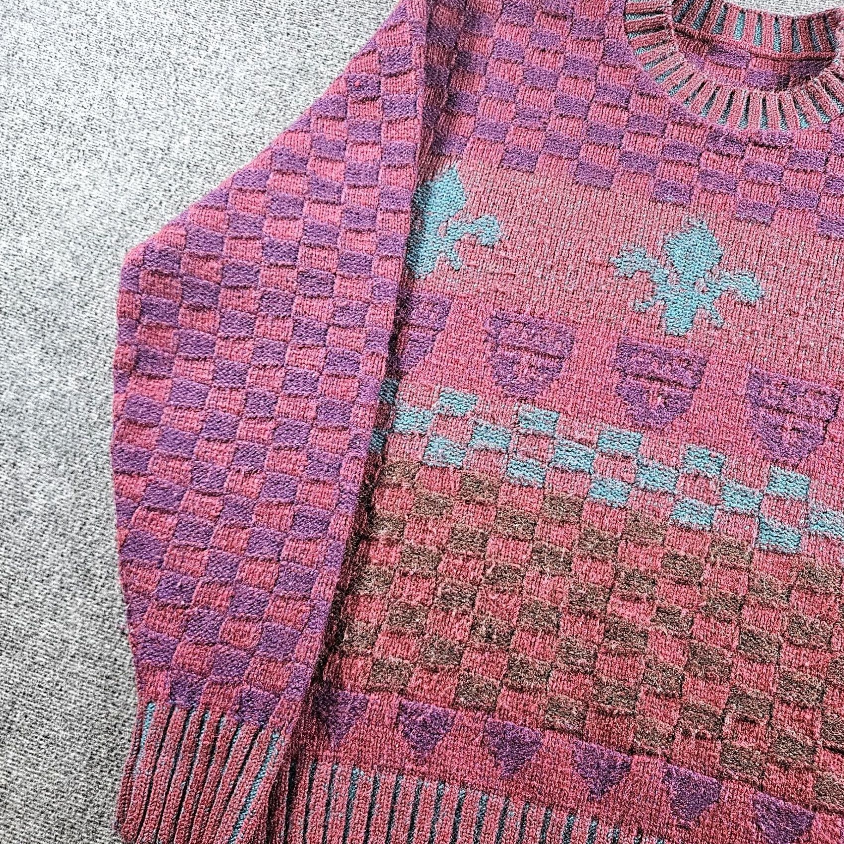 Vintage VINTAGE Geometric Sweater Mens XL Purple Teal Wool Blend Fleur De Lis 80s Sweater Crew Neck Knit Check Pullover Mens Pand Size US XL / EU 56 / 4 - 3 Thumbnail