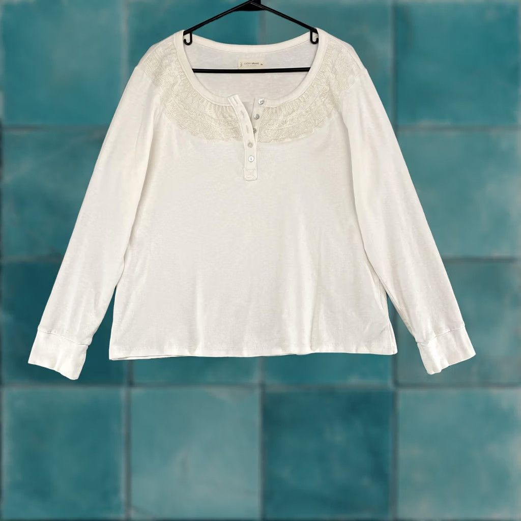 Lucky Brand Lucky Brand Henley Shirt Womens XXL White Crochet Lace Long Sleeve Boho Top Size XXL / US 16-18 / IT 52-54 - 1 Thumbnail