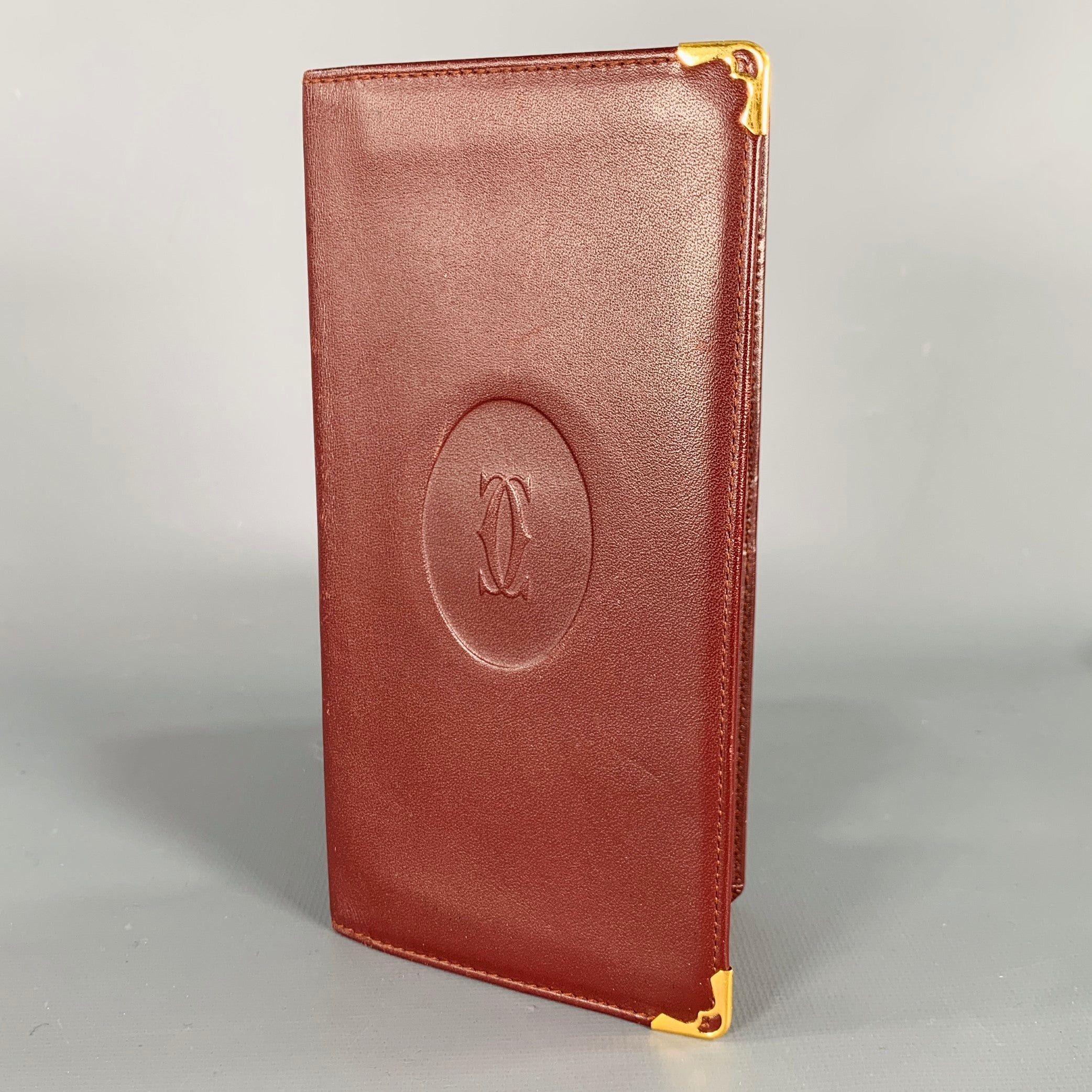 Must De Cartier Bordeaux Burgundy Red & outlets Gold Leather Wallet Checkbook Holder