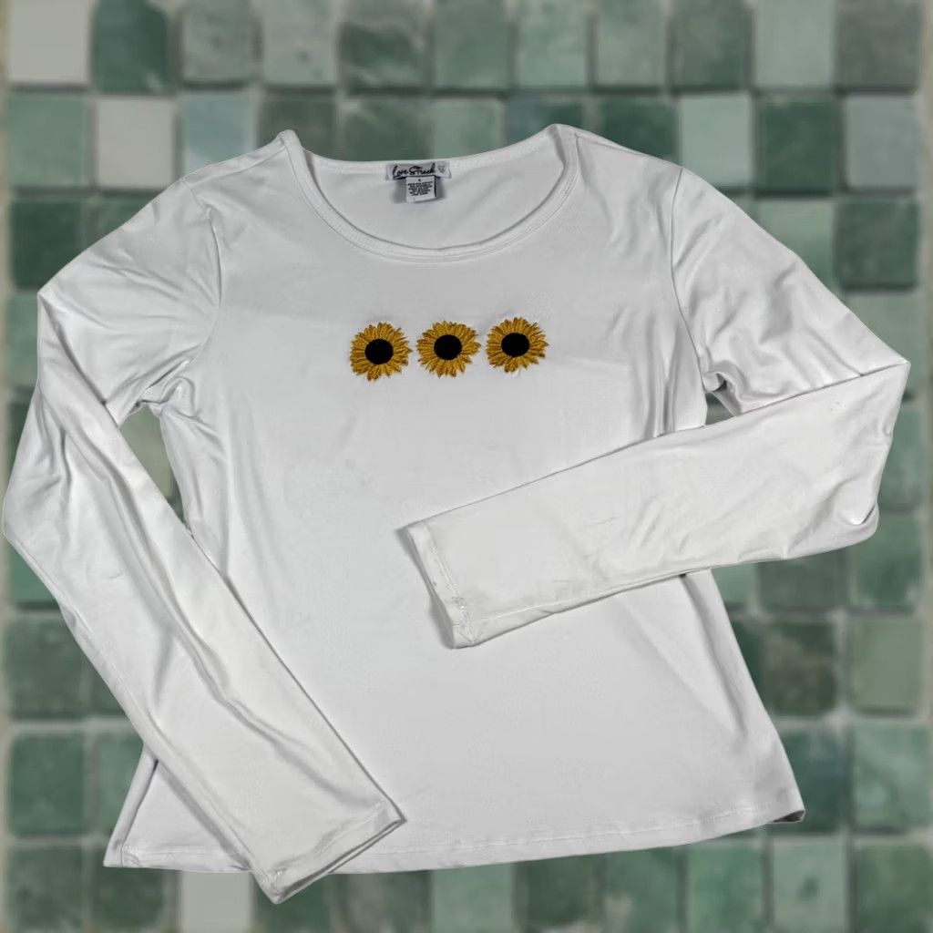 Sunflower Love Streak Large White Scoop Neck Sunflower Floral Embroidered LS Stretch Shirt Size L / US 10 / IT 46 - 1 Thumbnail