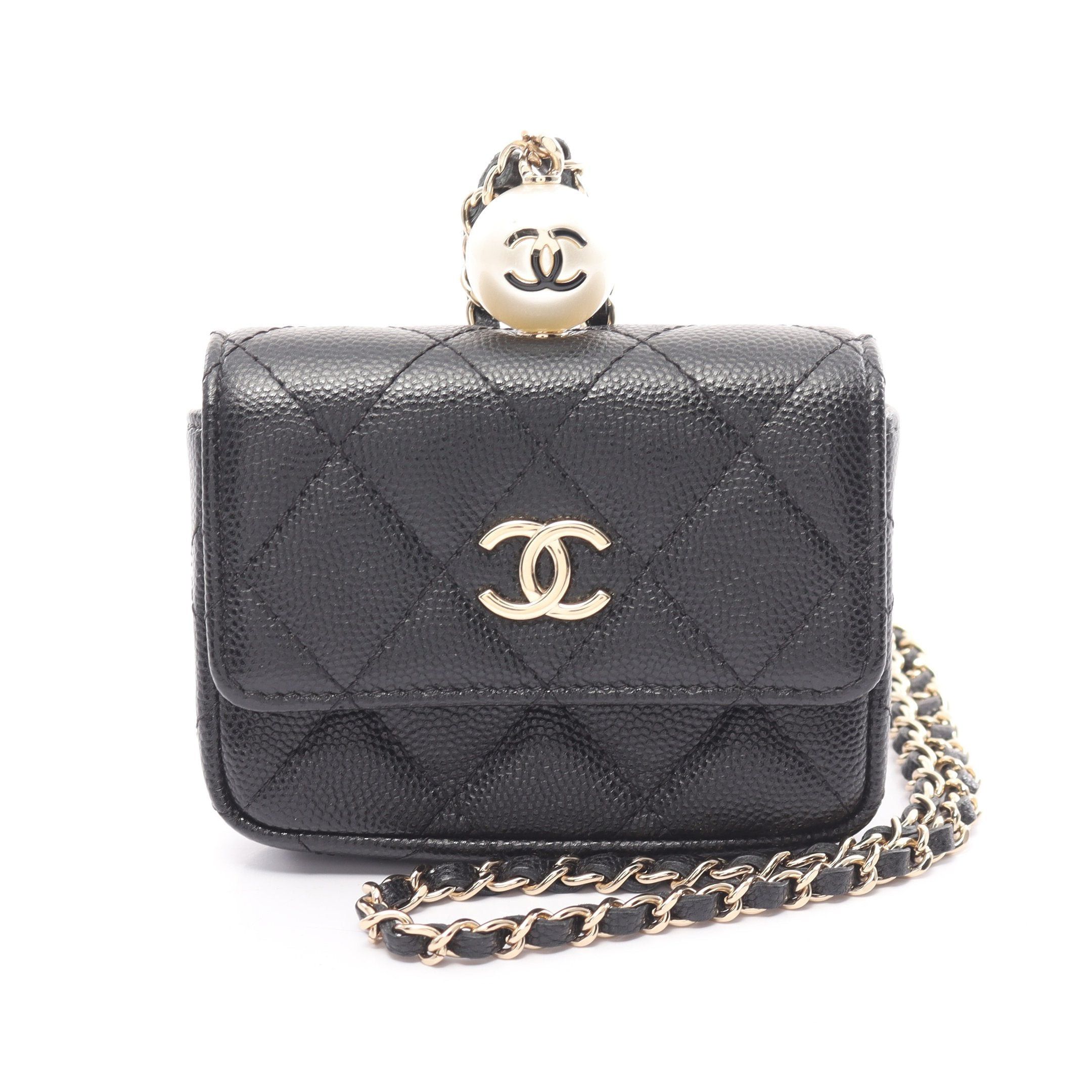 image of Chanel Matelasse Chain Flap Coin Purse Coin Purse Caviar Skin Fake Pearl Black Gold Hardware, Women