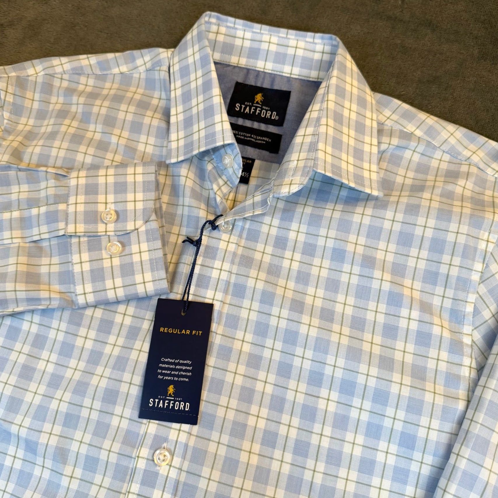 Stafford Stafford Dress Shirt Mens Small Blue White Plaid Button Up 14-14.5 NWT Regular Size 36R - 2 Thumbnail