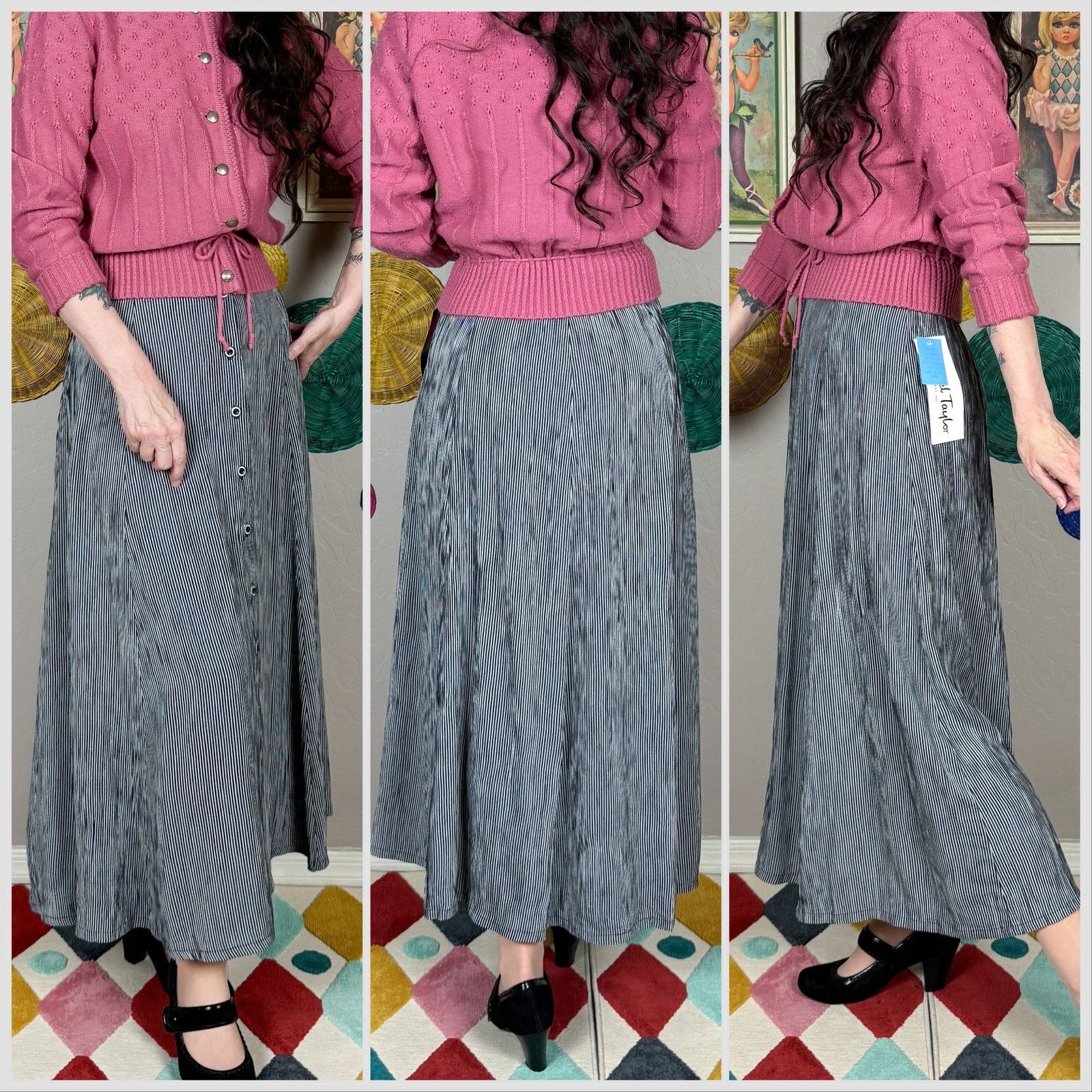 Vintage 1980s Black & Grey Striped Button Front High Waisted Skirt Size 30" / US 8 / IT 44 - 2 Thumbnail